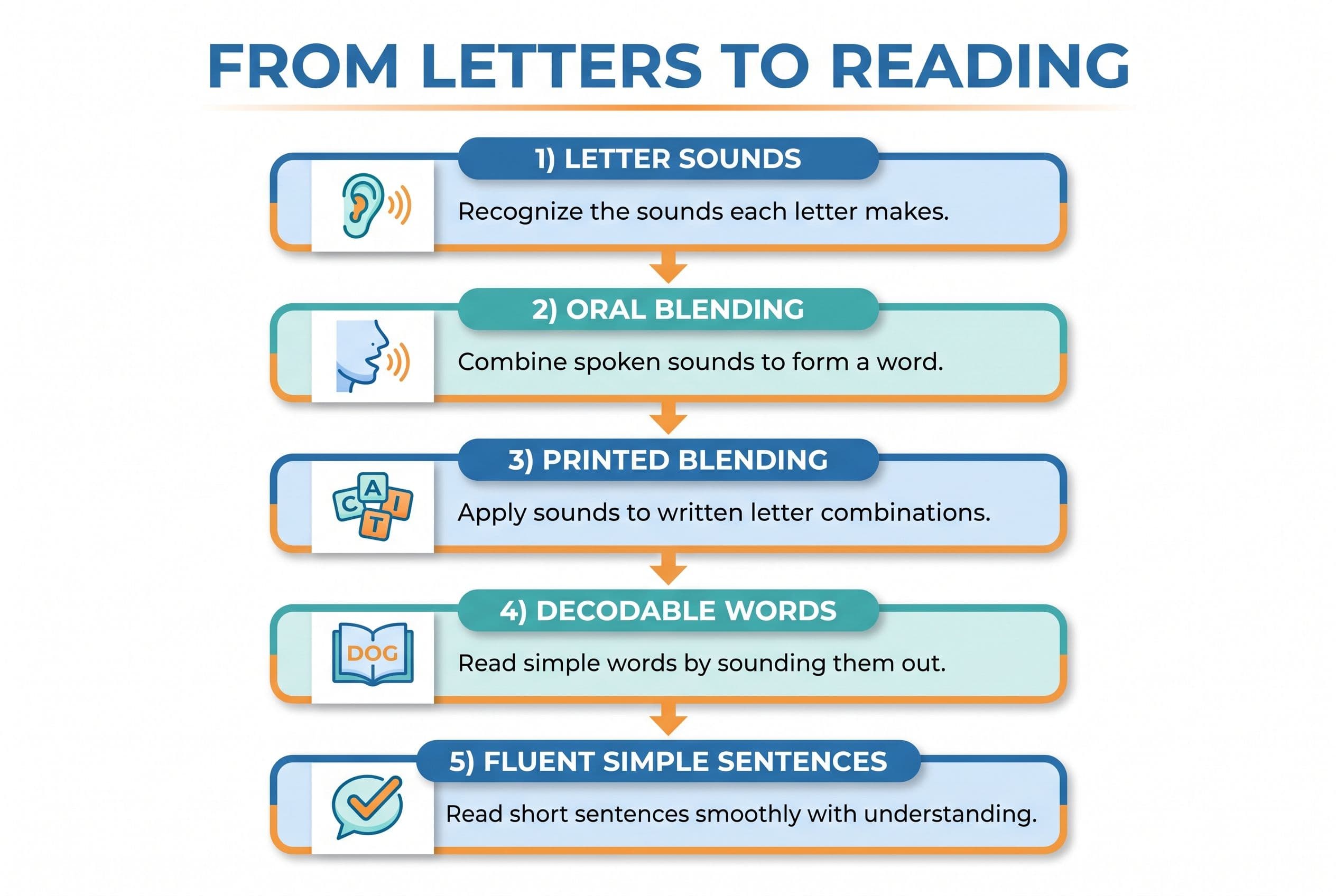 A clean vertical flowchart titled “From Letters to Reading” showing 5 steps: 1) Letter Sounds, 2) Oral Blending, 3) Printed B