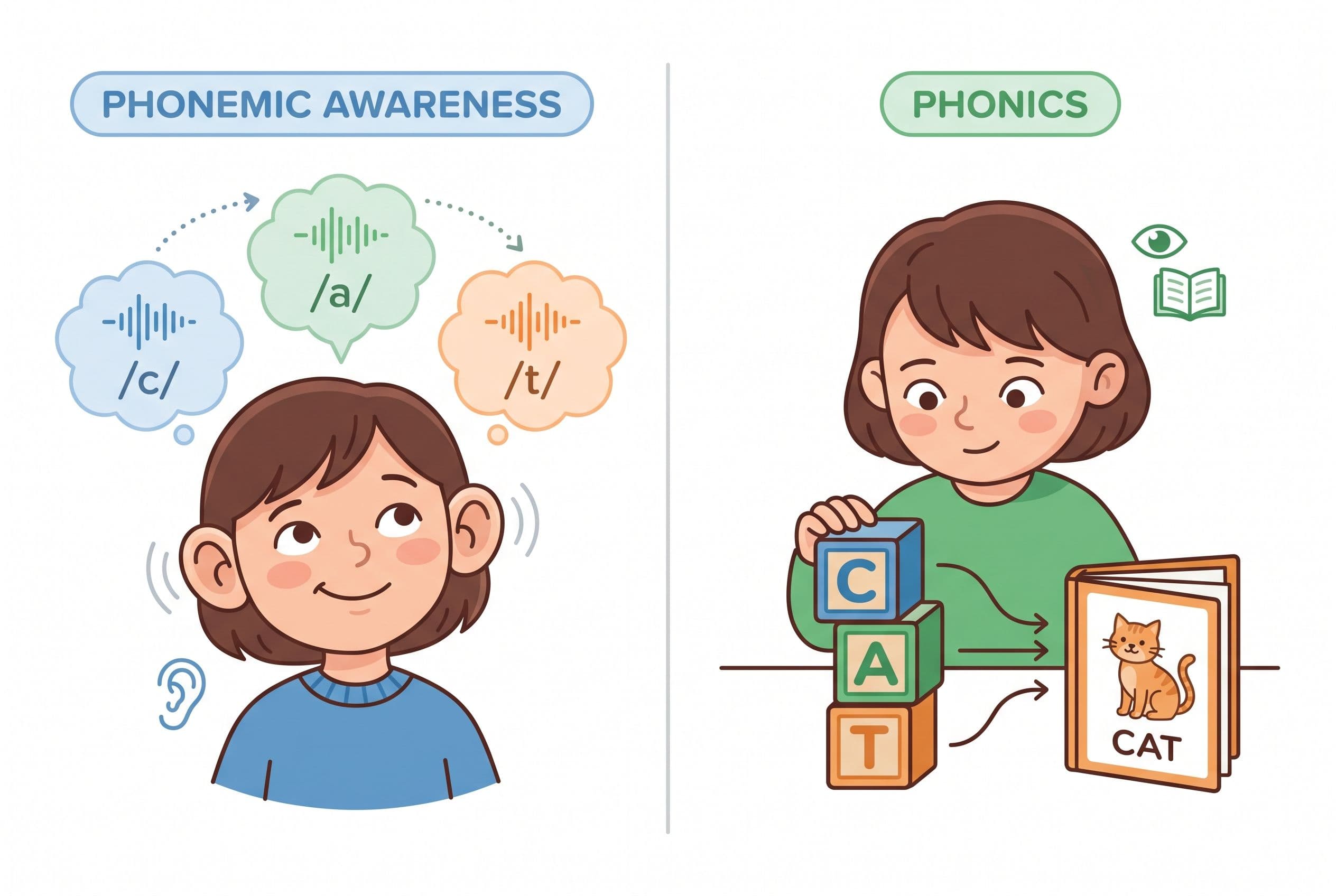 A clean editorial illustration showing the difference between phonemic awareness and phonics. On the left, an illustrated chi