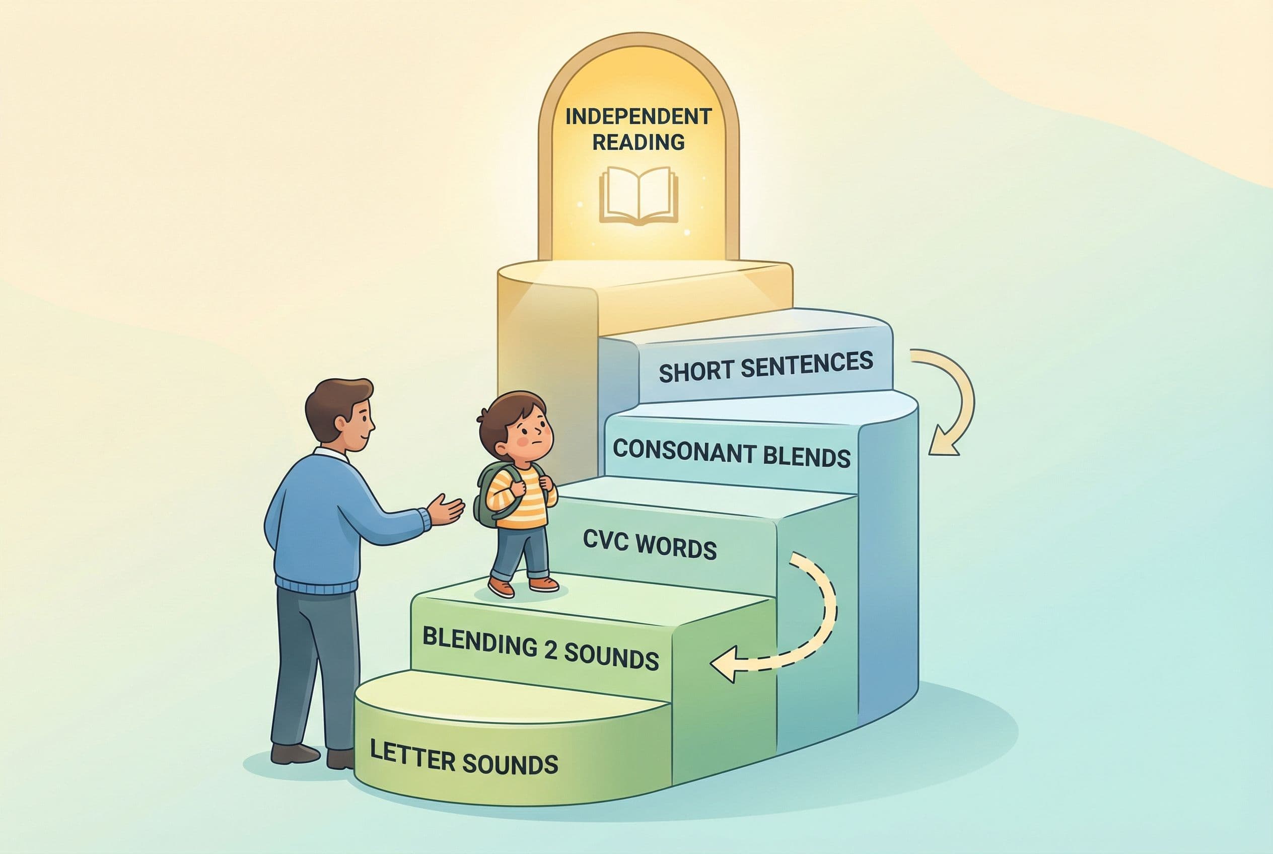 A friendly, clean editorial illustration showing a winding upward staircase where each step is labeled with a reading micro-s