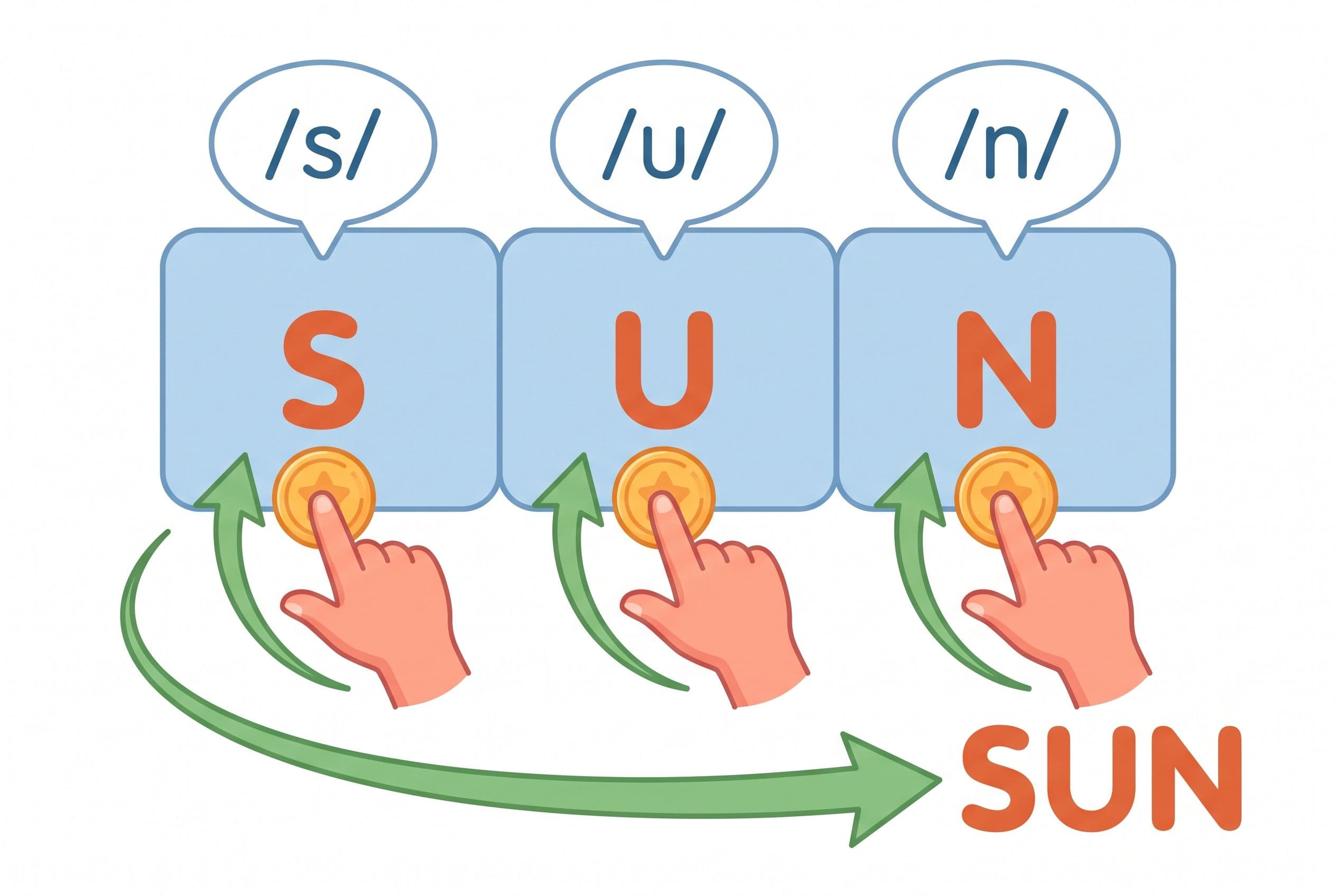 A friendly, clean editorial illustration showing the Elkonin sound box technique. Three connected rectangular boxes are drawn