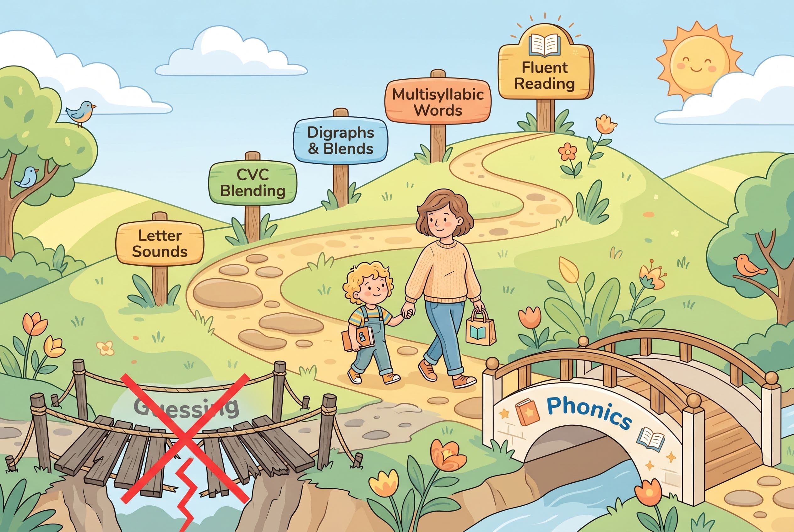 A friendly editorial illustration showing a winding 'reading pathway' leading up a gentle hillside, with a small illustrated