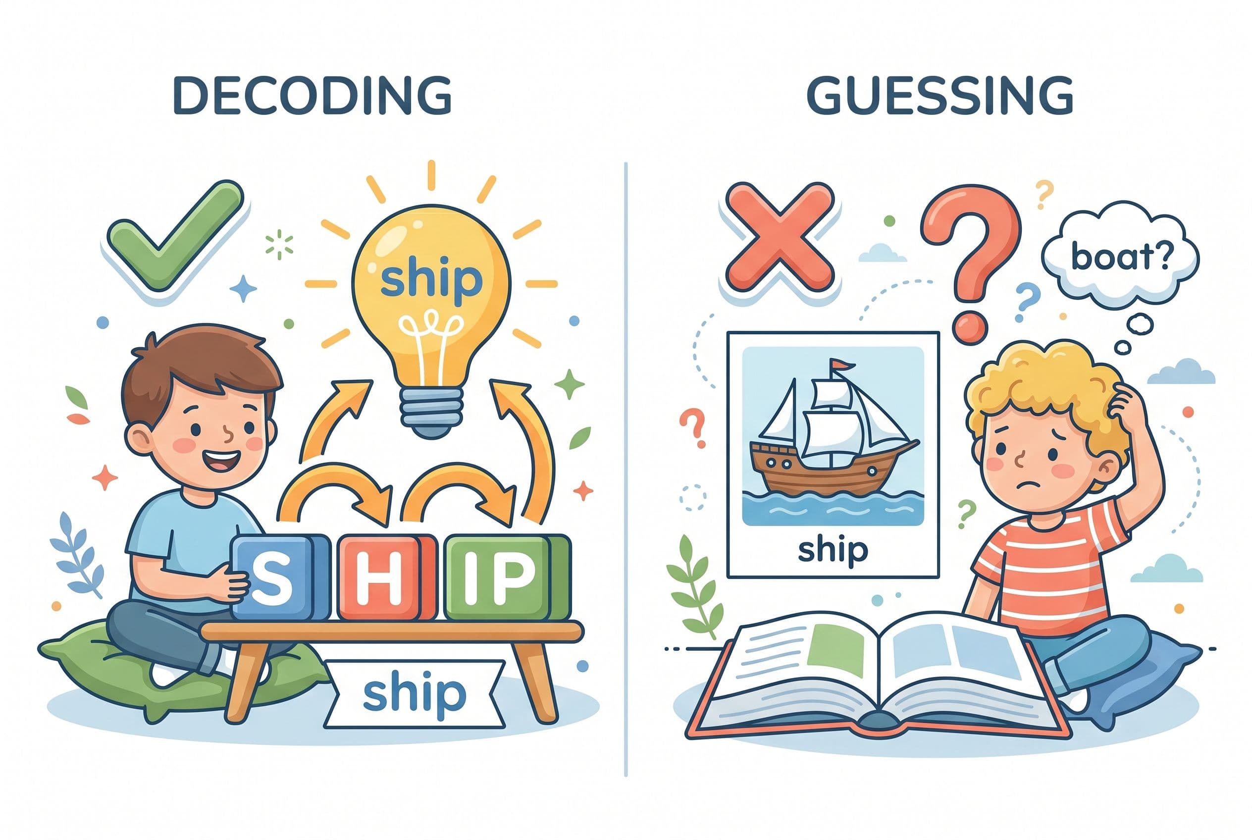 A clean, friendly editorial illustration showing a side-by-side comparison of two children reading the same word 'ship.' On t