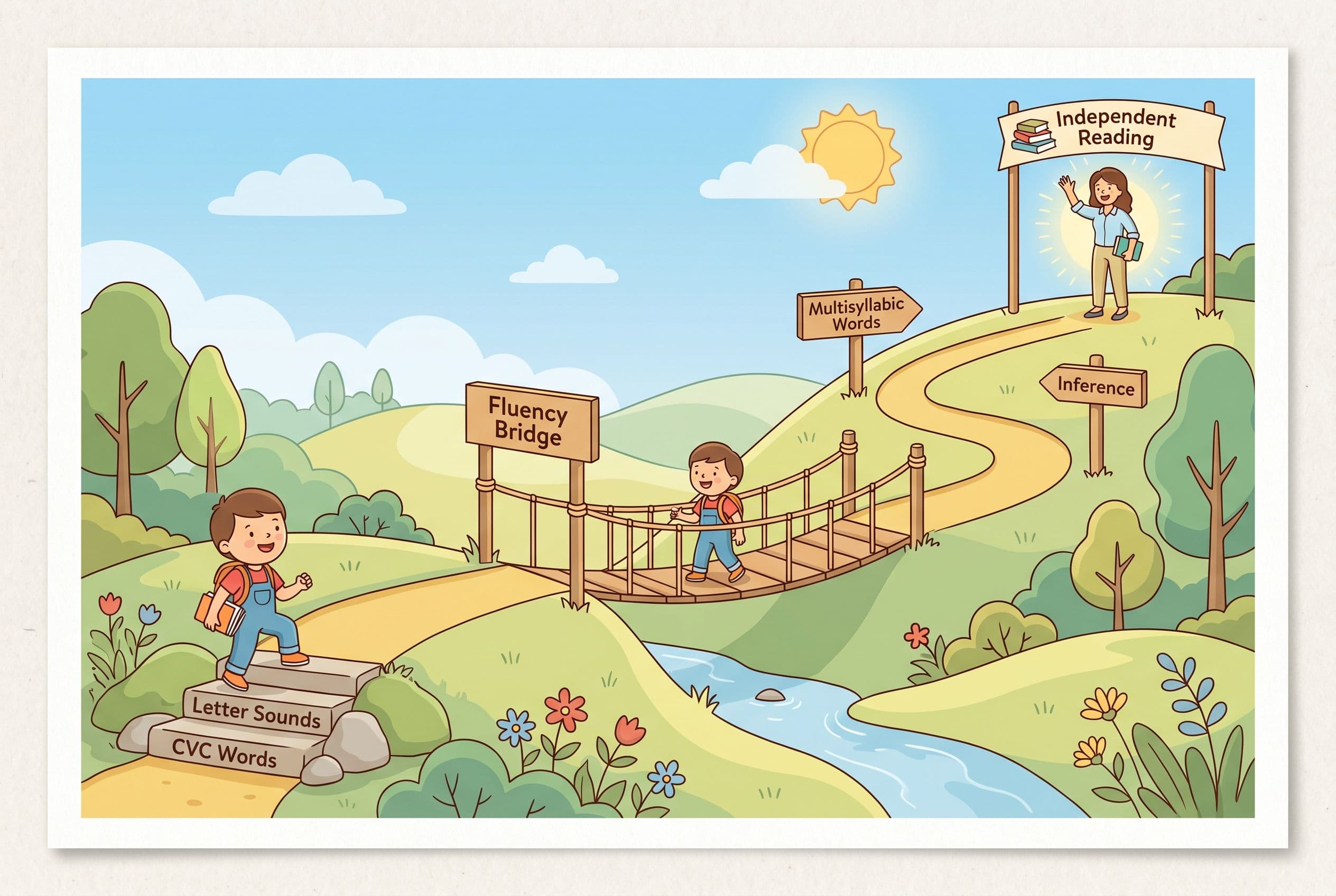 A friendly editorial illustration showing a winding 'reading skill path' ascending from bottom-left to top-right. At the bott