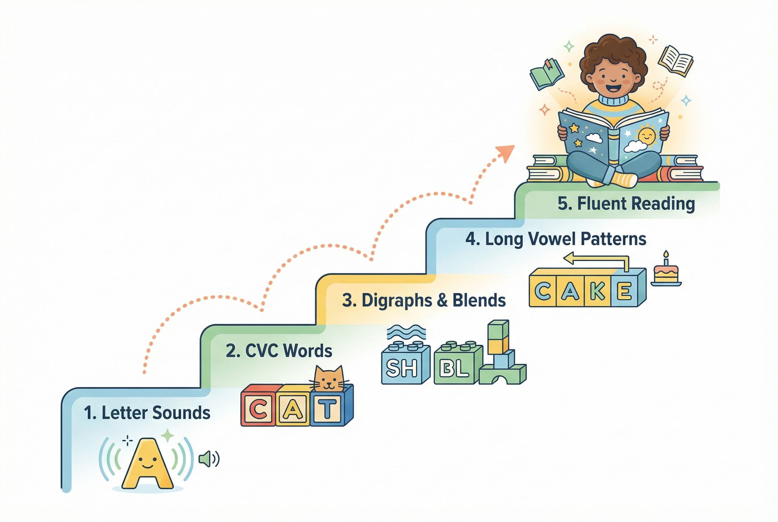 A friendly, clean editorial illustration showing the progression of a home reading program as a staircase with five steps. St