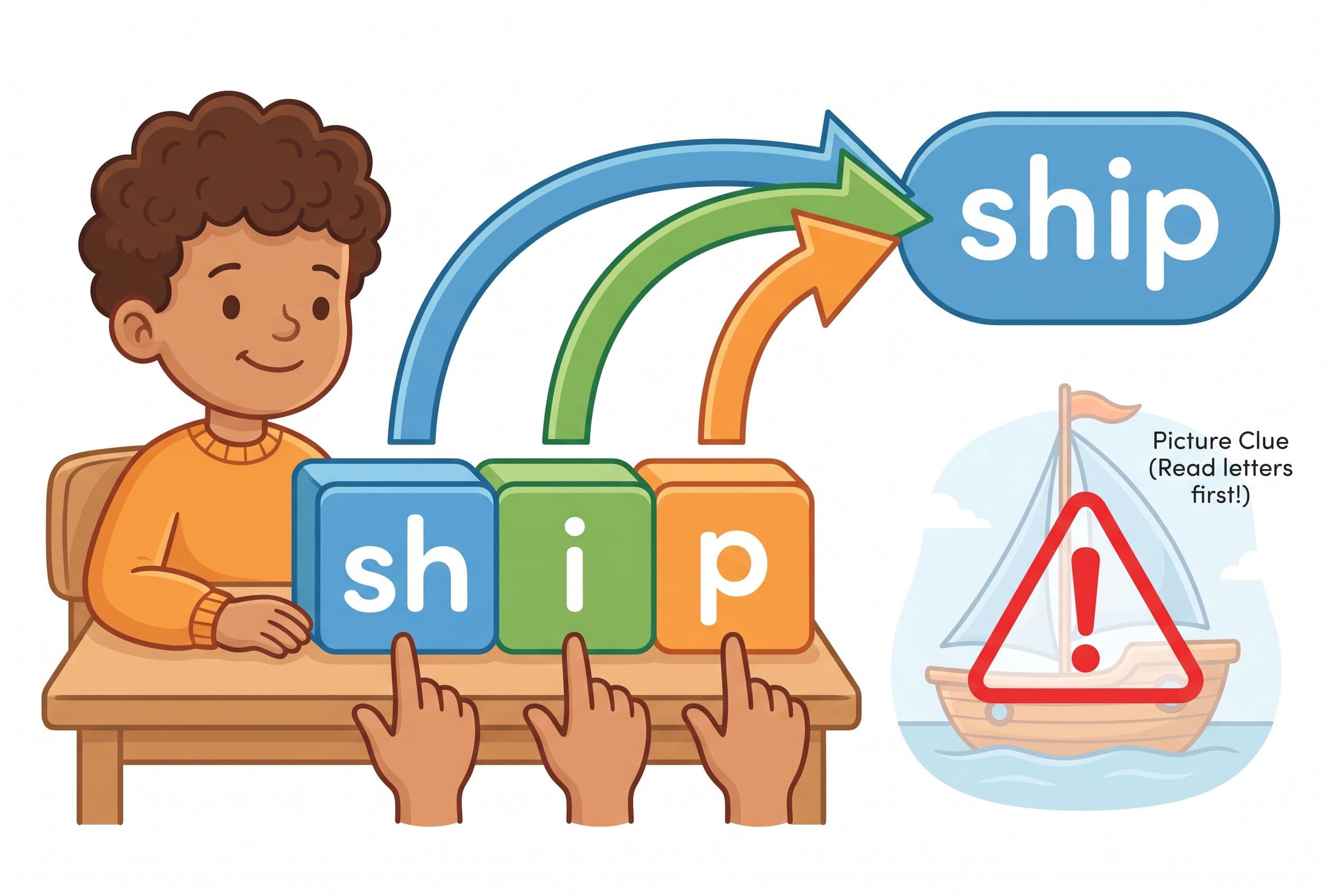 A clean editorial illustration showing a child decoding the word “ship” from left to right using four sound blocks: sh-i-p, w