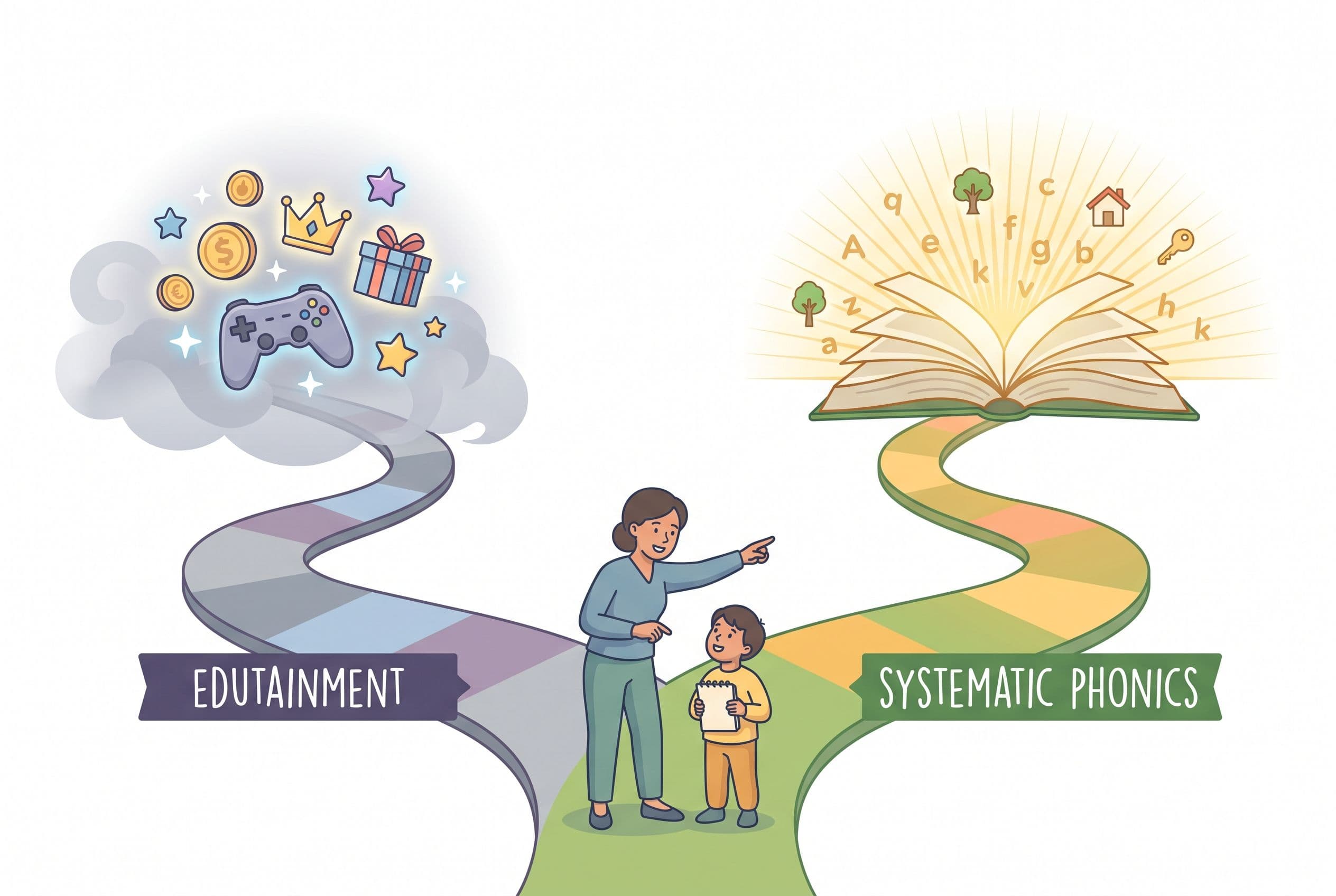 A clean editorial illustration showing a winding path diverging at a fork. One path is labeled 'Edutainment' and curves downw