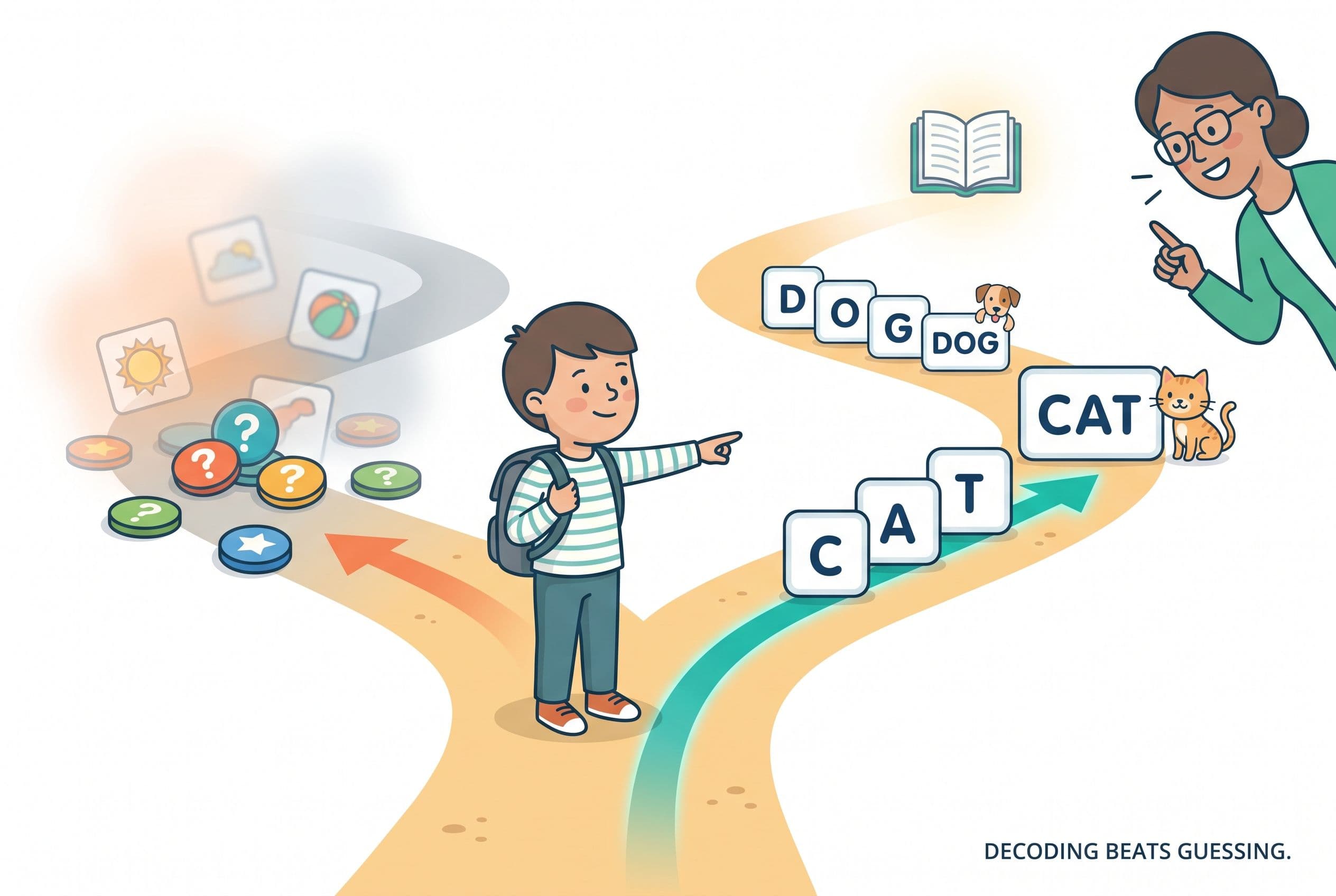 A clean editorial illustration showing a child choosing the correct reading path at a fork in the road. One path shows letter