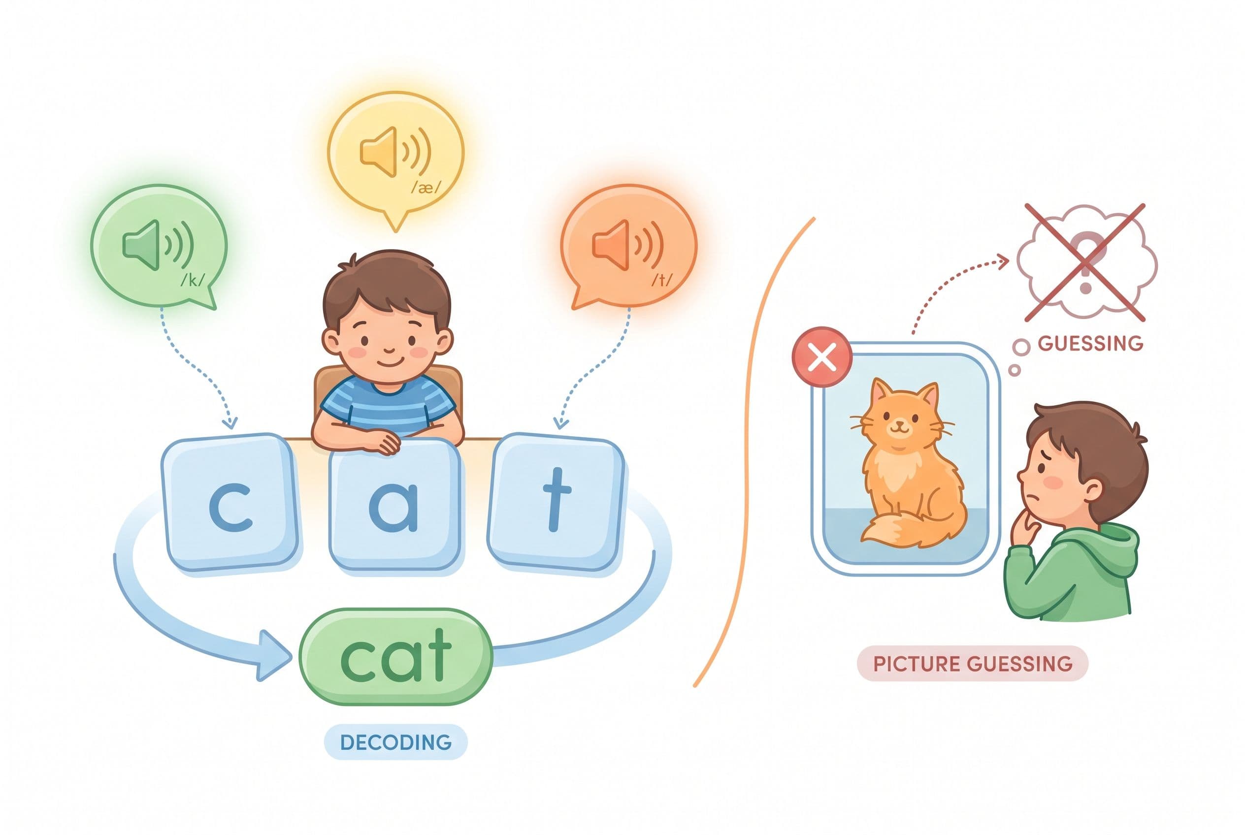 A clean editorial illustration showing a child decoding a simple CVC word with three letter tiles connected to three sound bu