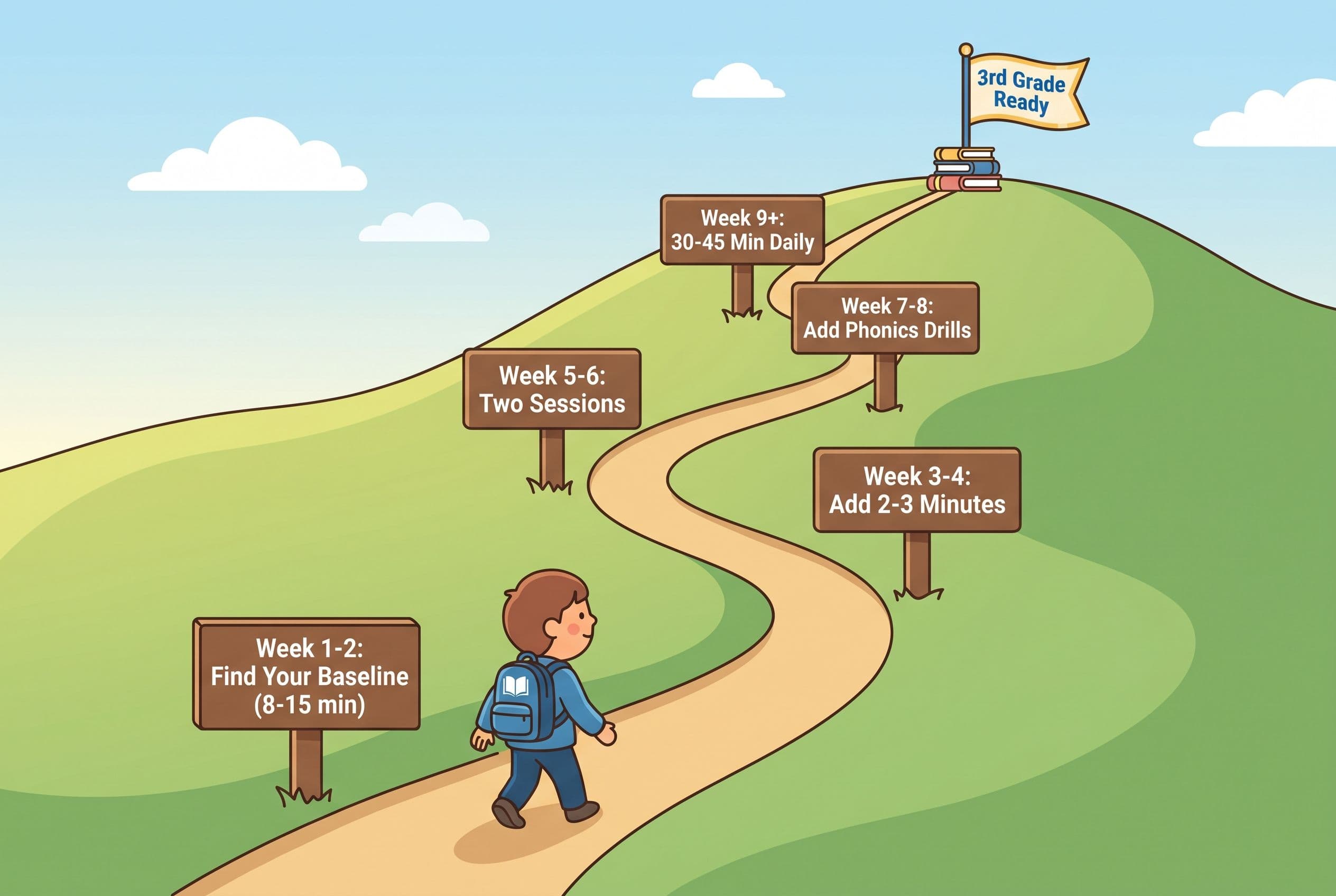 A friendly, clean editorial illustration showing the concept of 'reading stamina' as a winding trail going up a gentle hillsi
