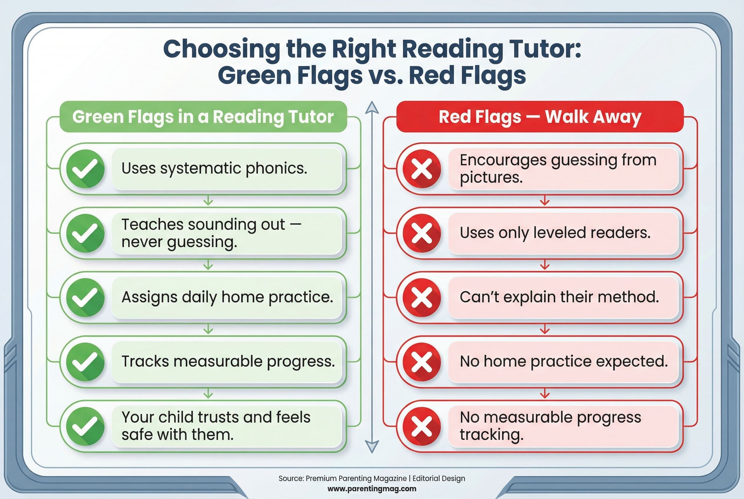 A clean, modern comparison chart with two columns: 'Green Flags in a Reading Tutor' (left, green accent) vs 'Red Flags — Walk