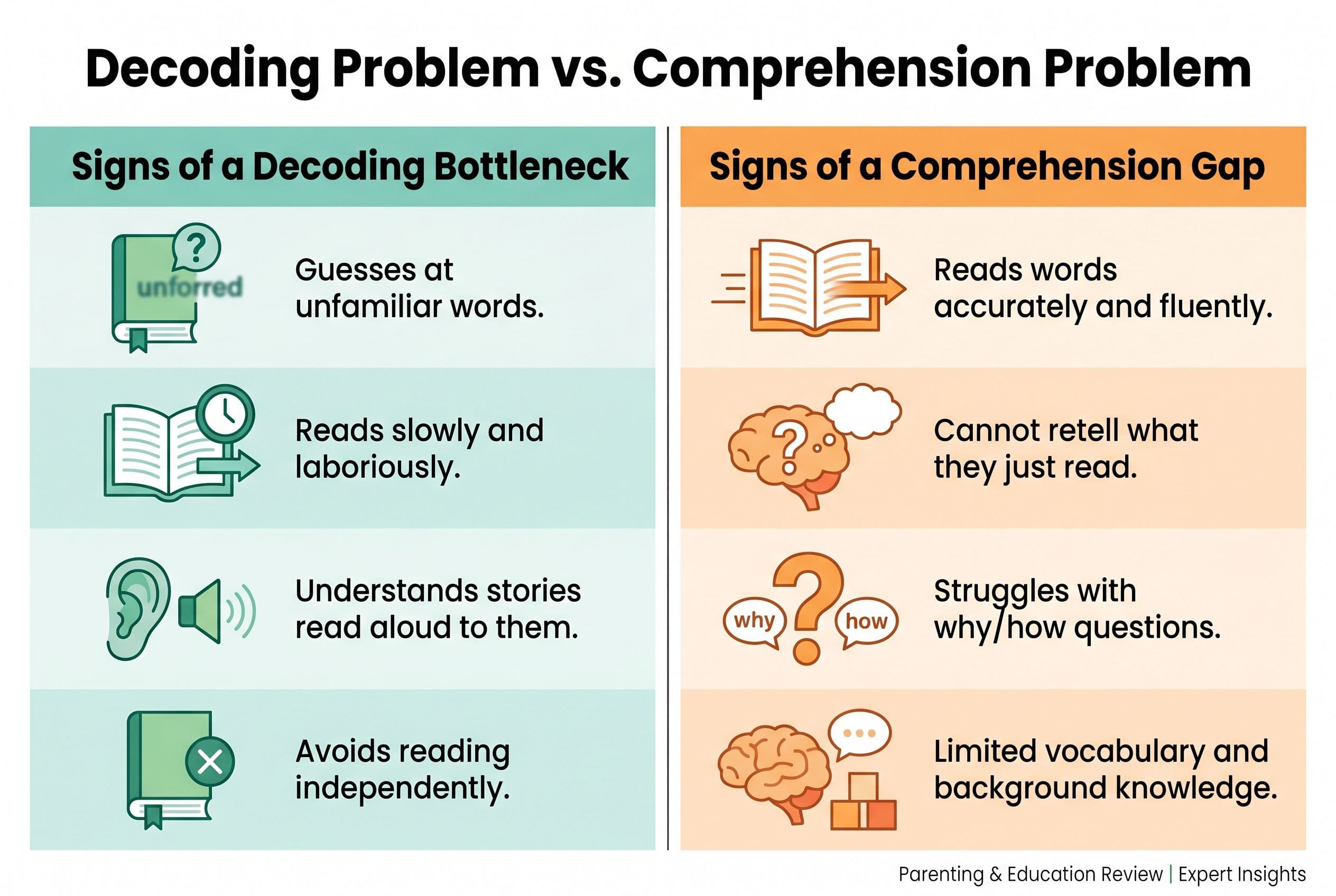 A clean, modern two-column comparison chart titled 'Decoding Problem vs. Comprehension Problem.' The left column is labeled '