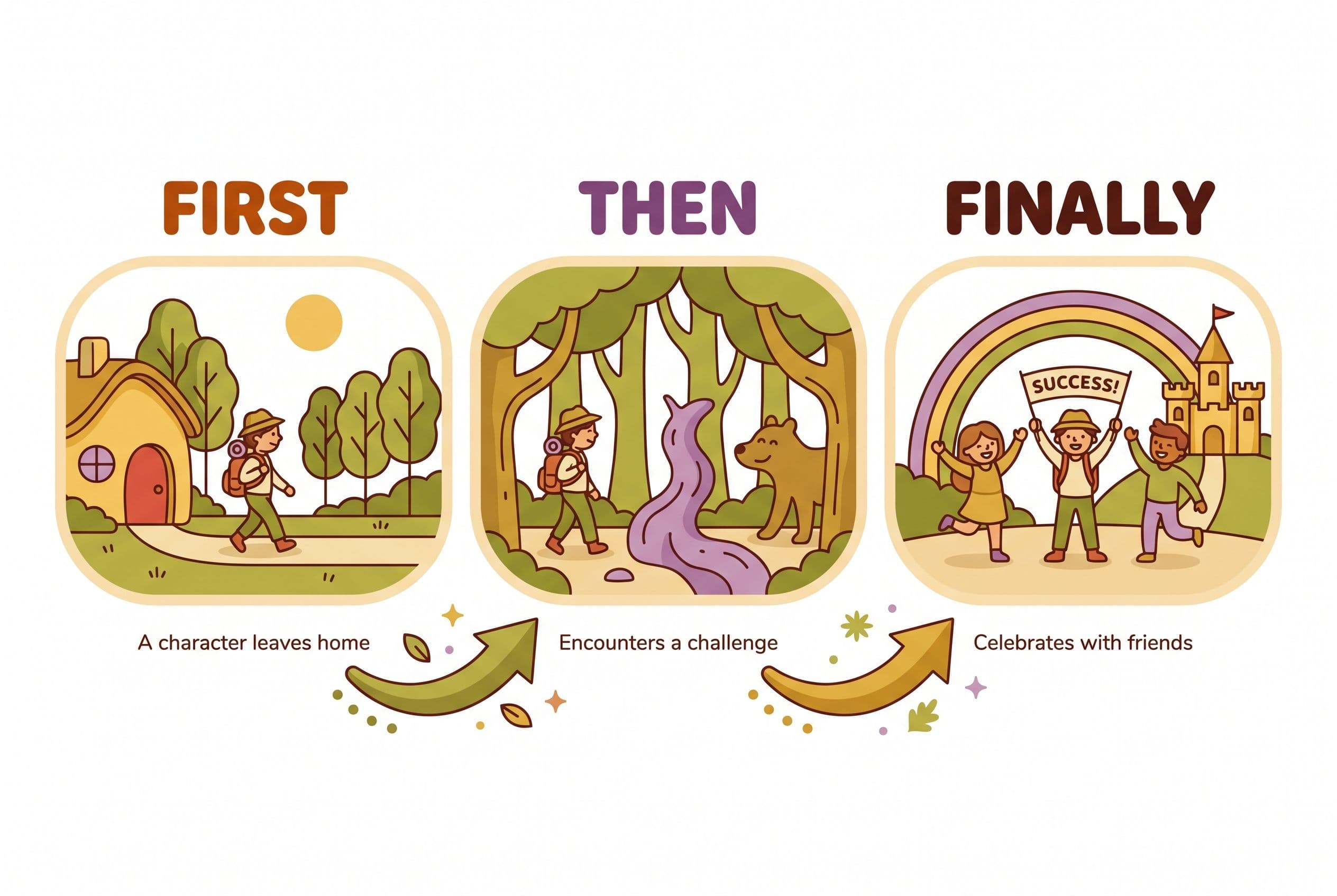 A friendly, clean editorial illustration showing the 'First, Then, Finally' story retelling scaffold. Three large rounded pan