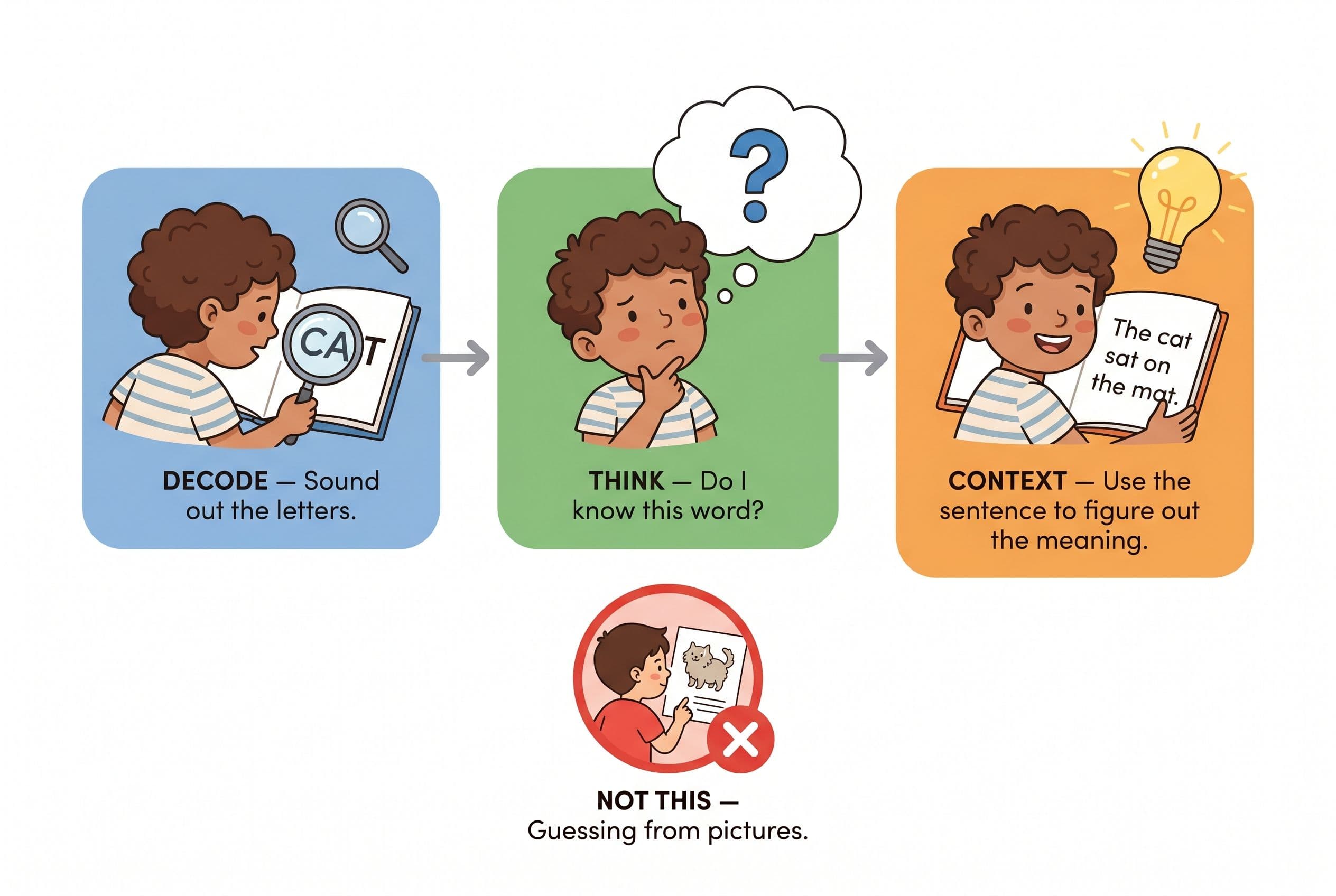 A clean editorial illustration showing a step-by-step reading process as a simple horizontal flowchart with three rounded ste