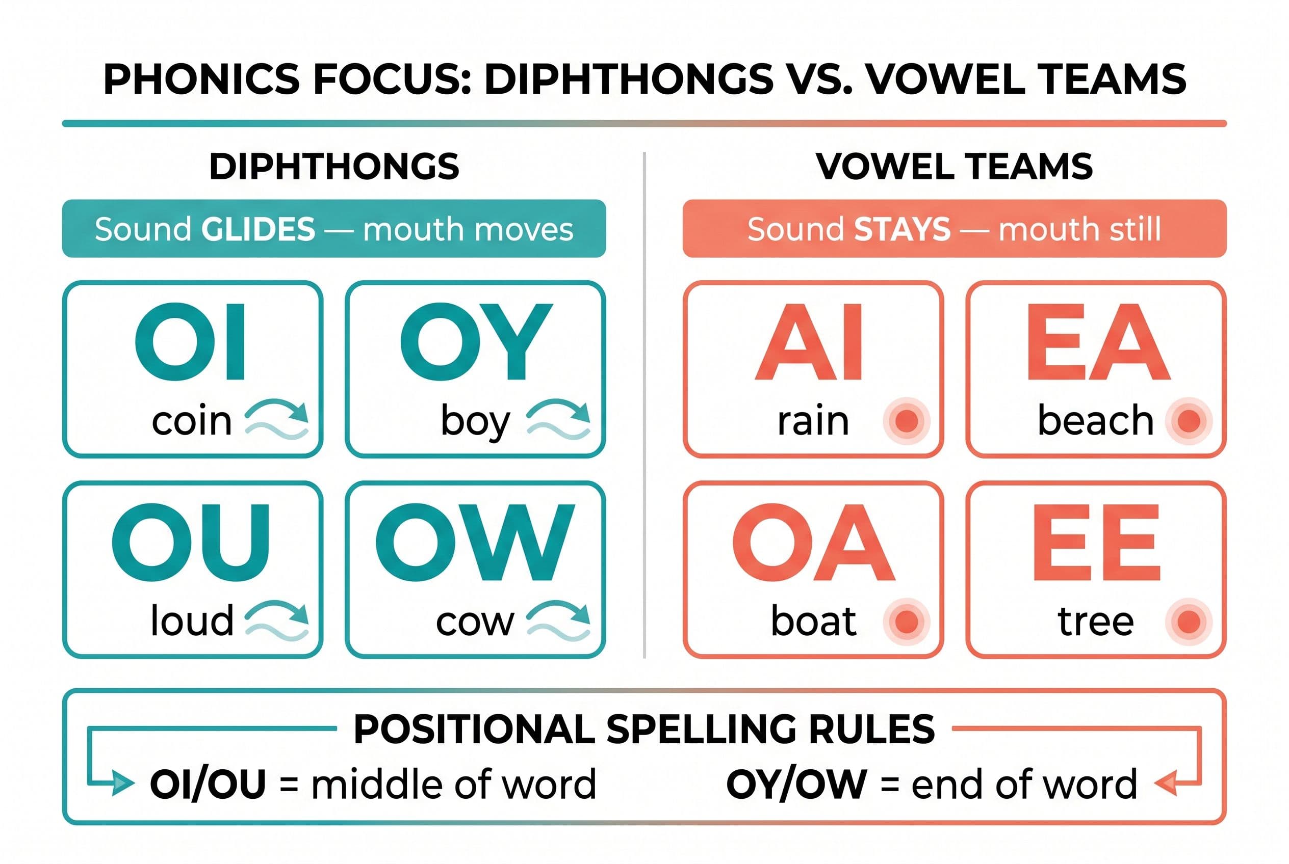 A clean, modern side-by-side comparison chart with two sections: 'Diphthongs' vs 'Vowel Teams.' The Diphthong side shows OI (