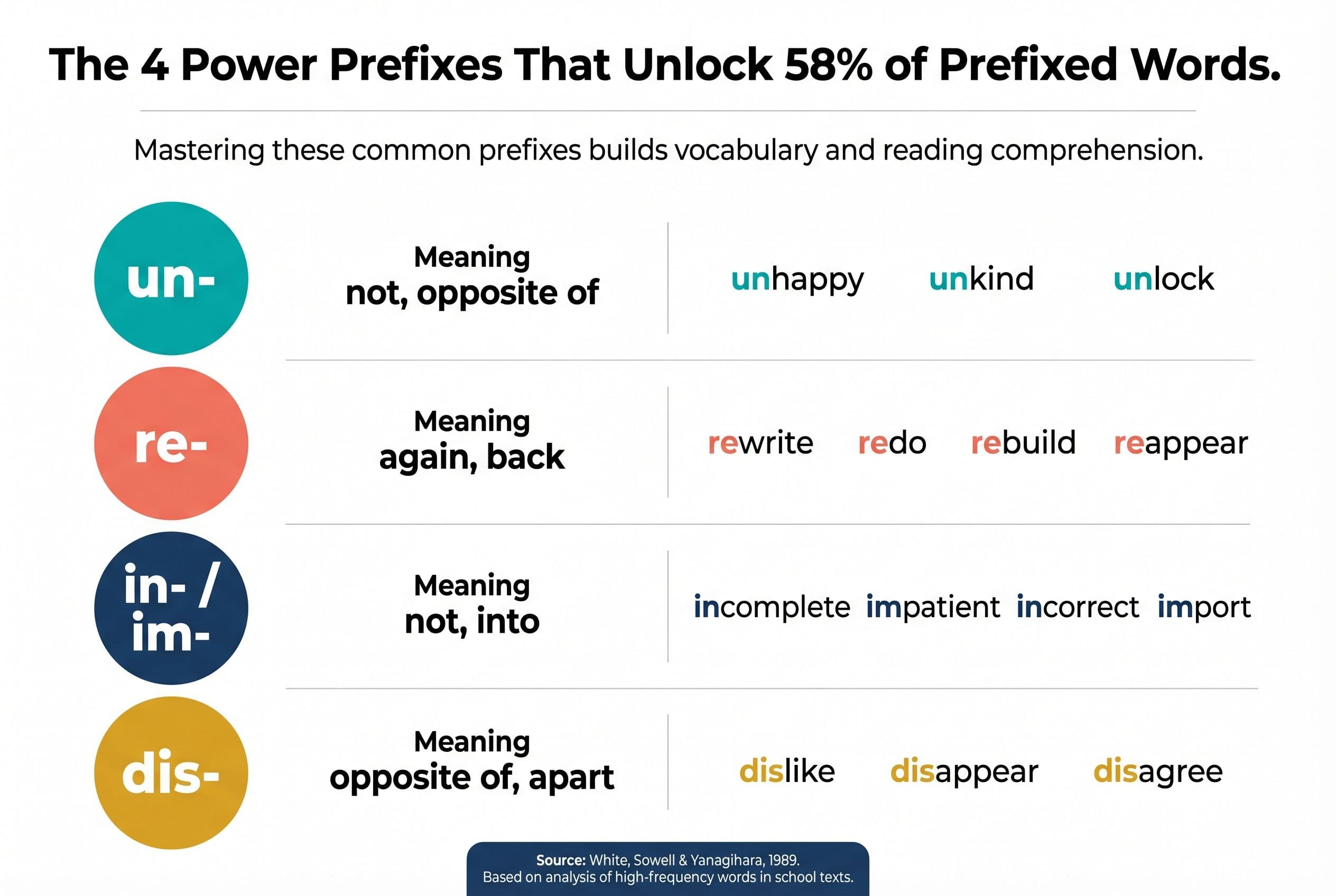 A clean, modern infographic titled 'The 4 Power Prefixes That Unlock 58% of Prefixed Words.' Four horizontal rows, each showi