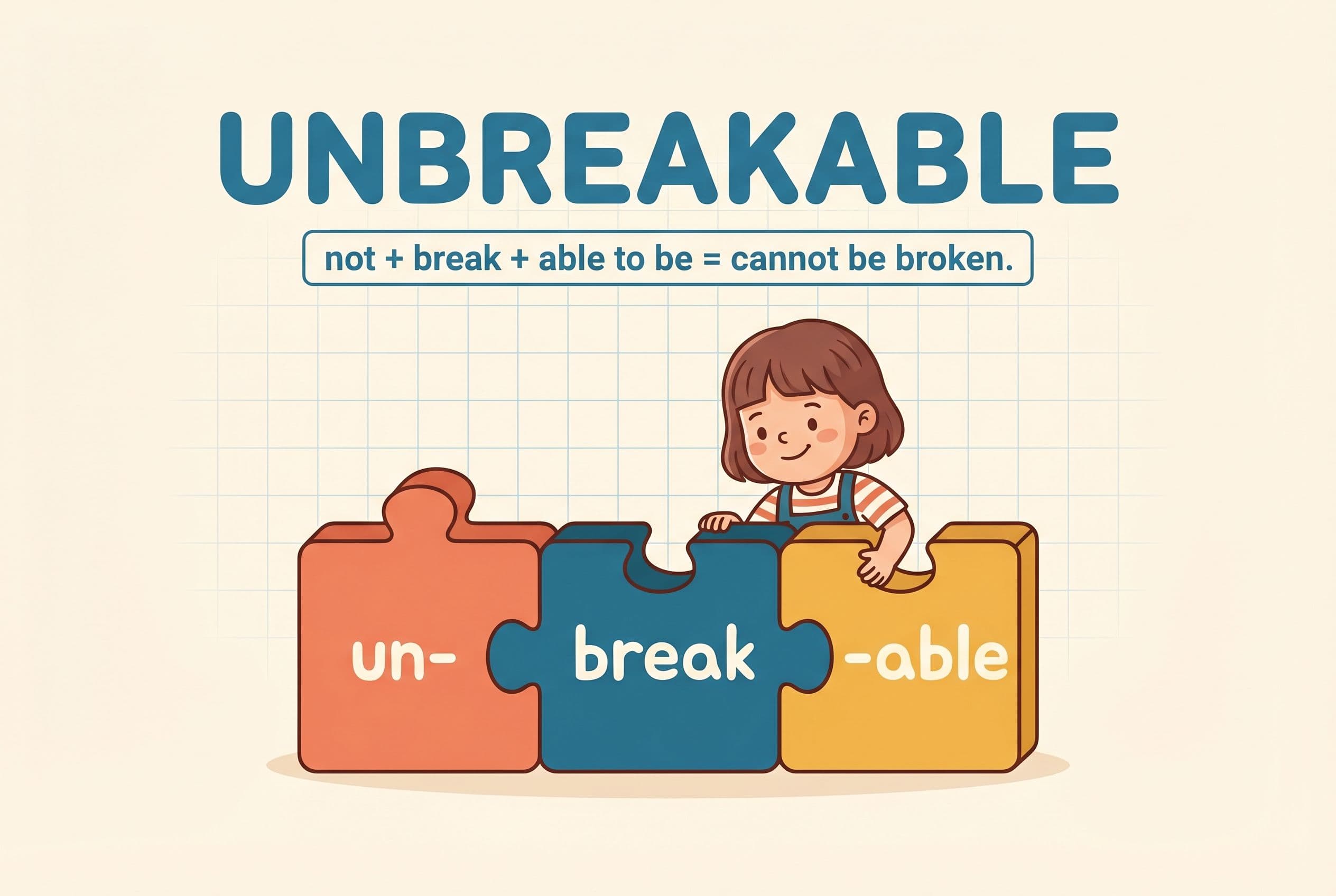 A clean editorial illustration showing the concept of 'word building' through morphology. Three puzzle-piece-shaped blocks la