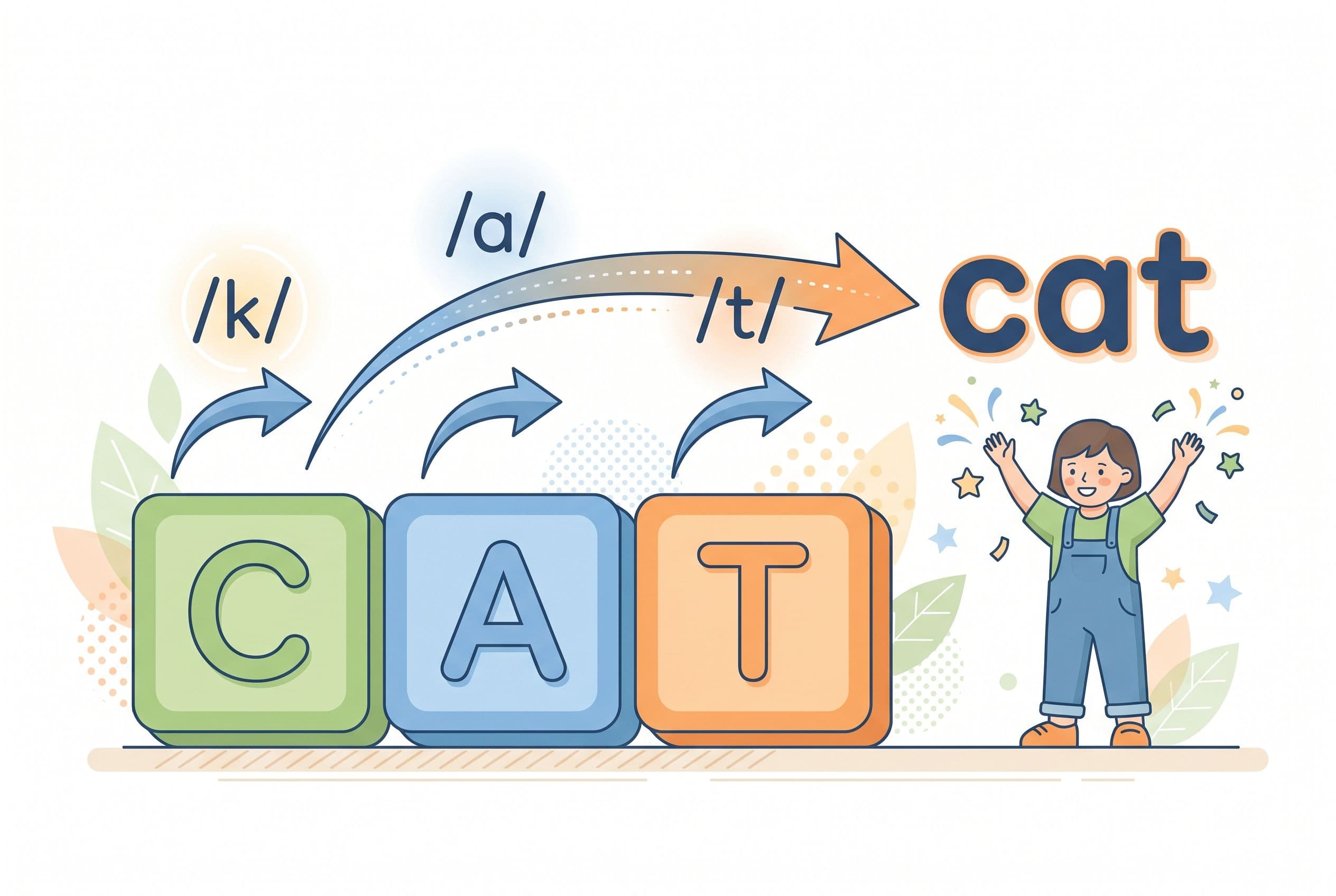 A warm, friendly editorial illustration showing the concept of blending a CVC word. Three large, colorful letter blocks — C,