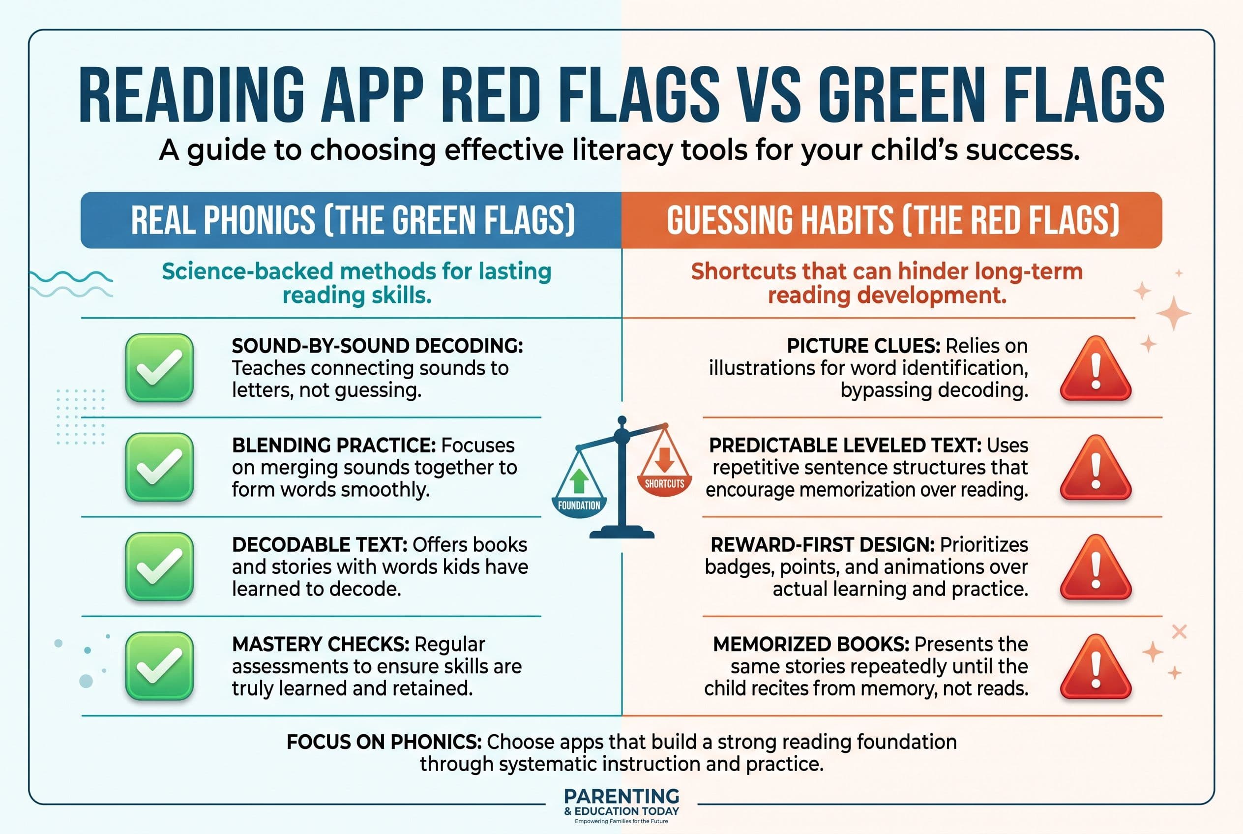 A clean comparison chart titled “Reading App Red Flags vs Green Flags” with two columns: “Real Phonics” and “Guessing Habits.