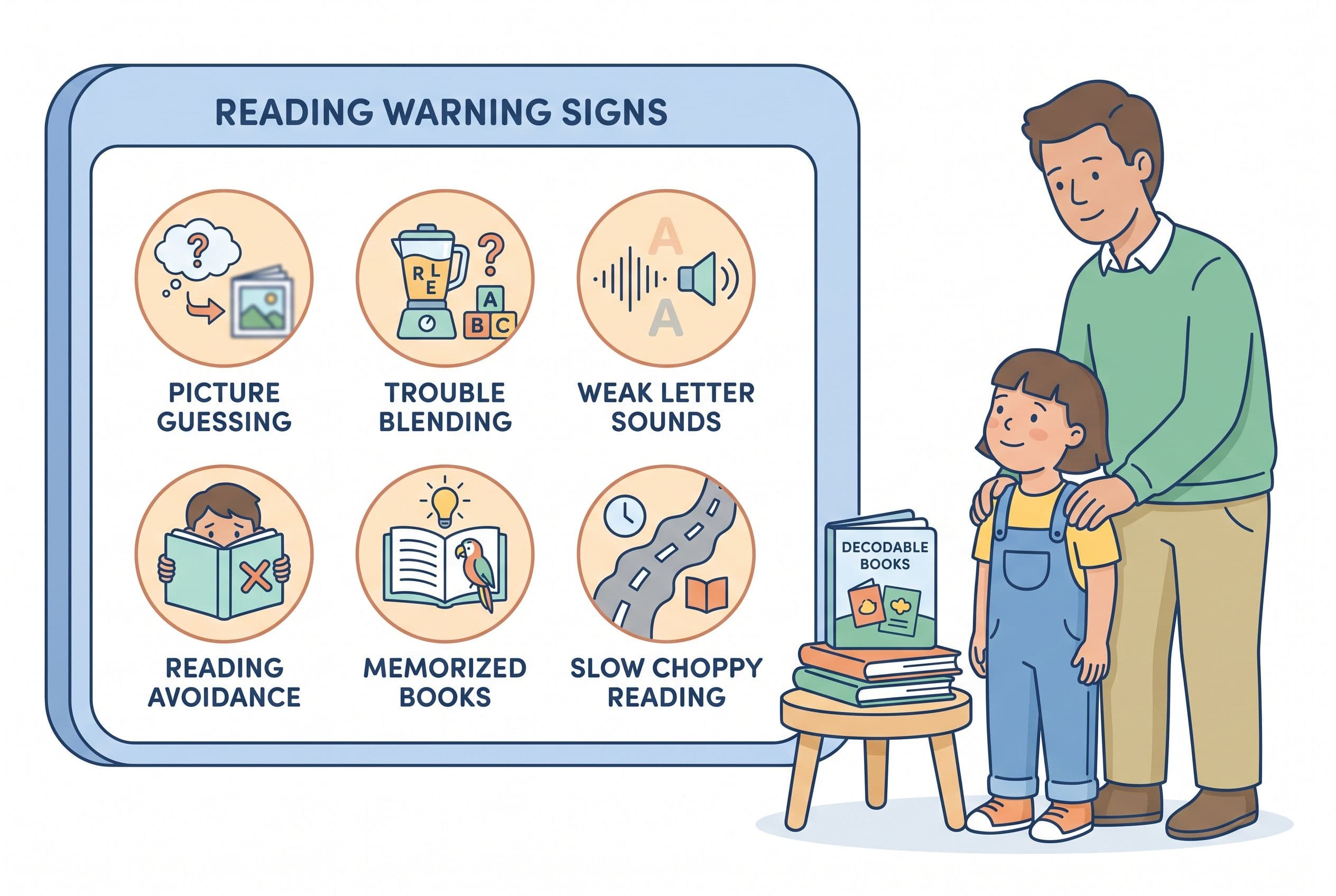 A clean editorial illustration showing a first grade reading warning-sign dashboard. Six simple icons show picture guessing,