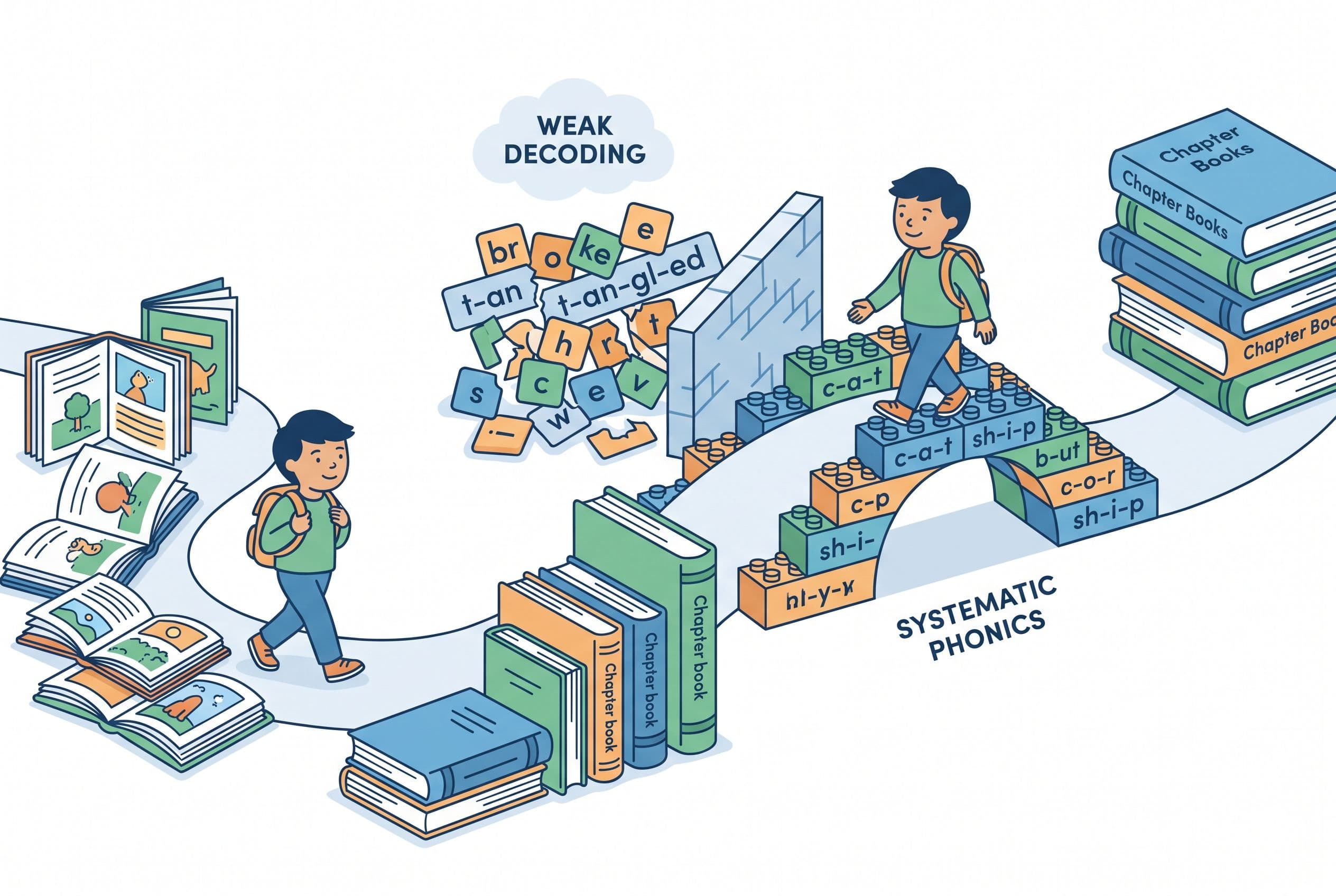 A clean educational illustration showing the “third grade wall” as a child walking up a path where early picture books turn i