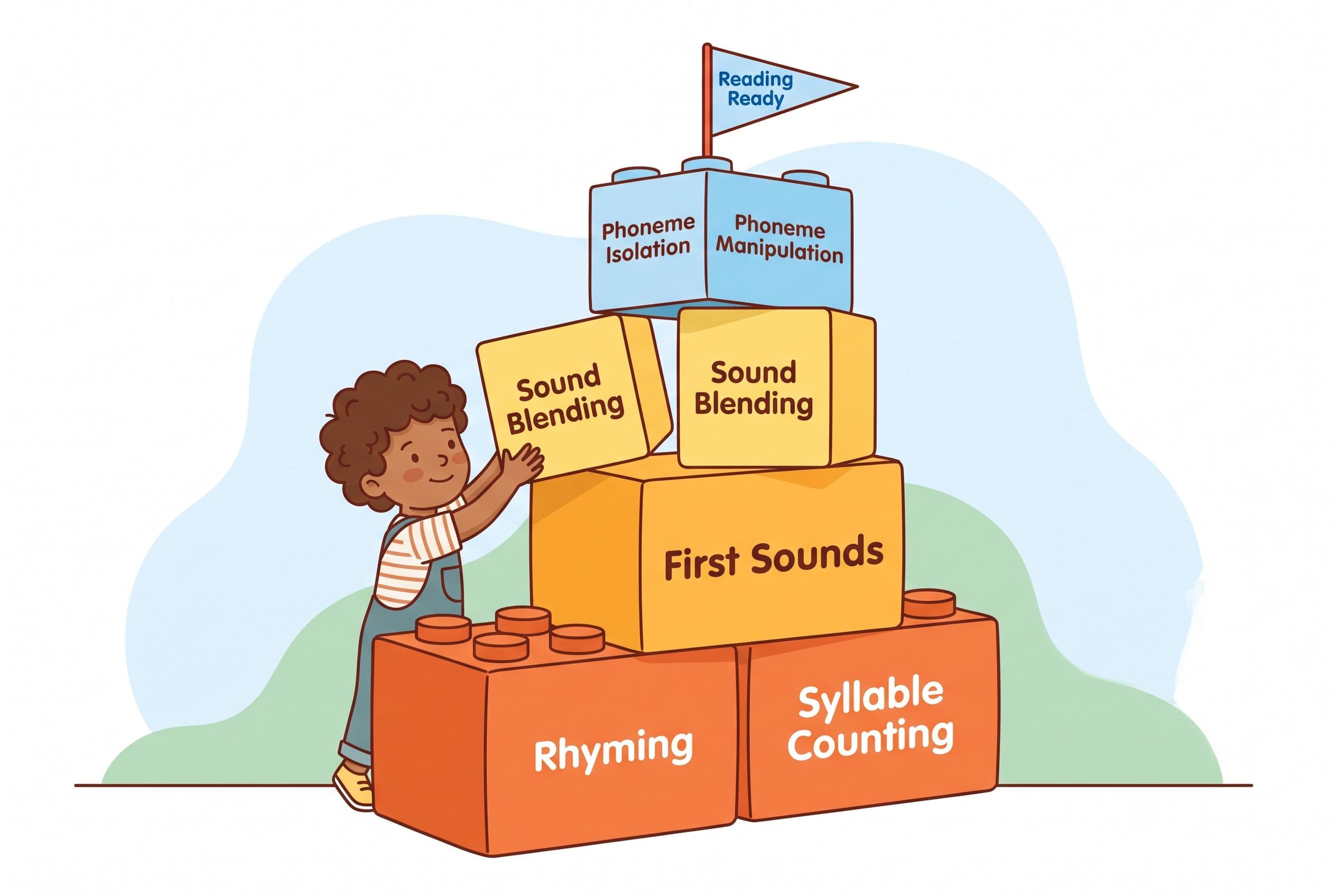 A cheerful editorial illustration showing the concept of phonological awareness as building blocks stacking upward. The botto