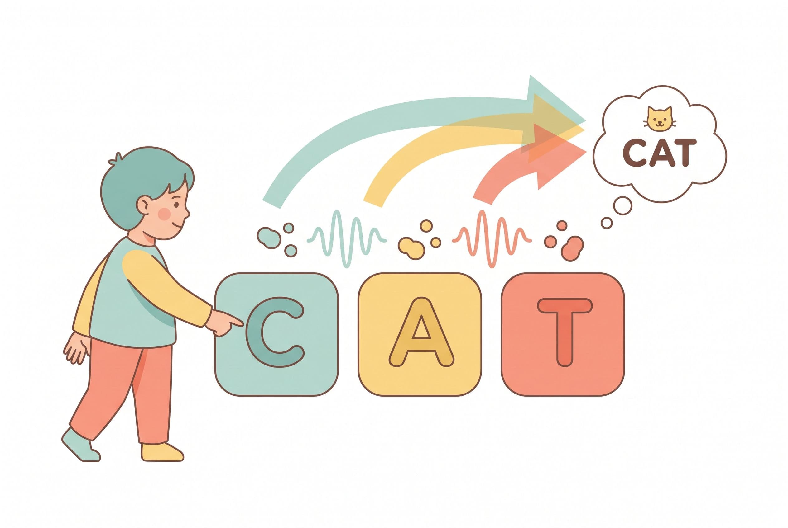 A clean editorial illustration showing a child sounding out a CVC word using three large letter tiles arranged left to right.