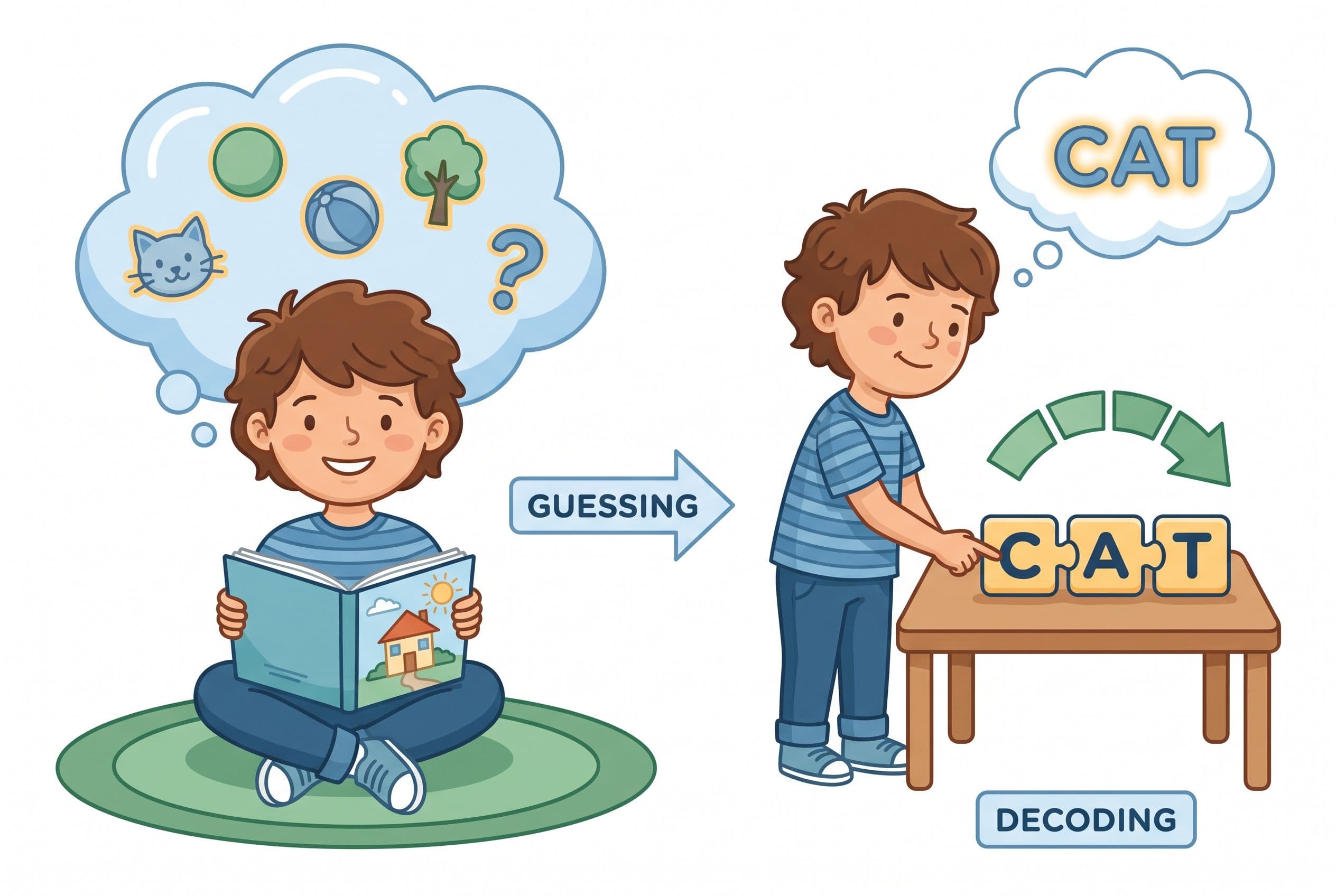 A clean editorial illustration showing a child moving from guessing to decoding. On the left, an illustrated child looks at a