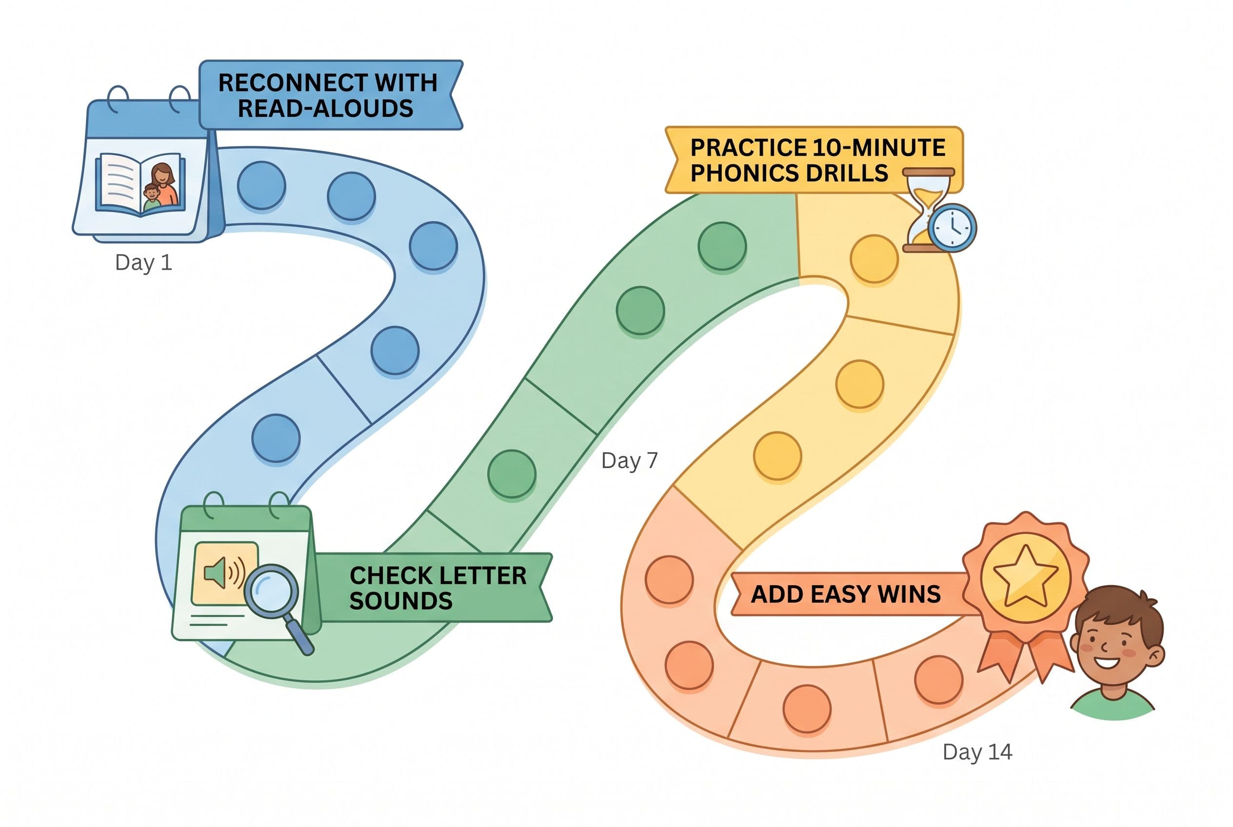 A clean editorial illustration showing a 14-day reading reset as a simple calendar path. The path includes four sections: rec