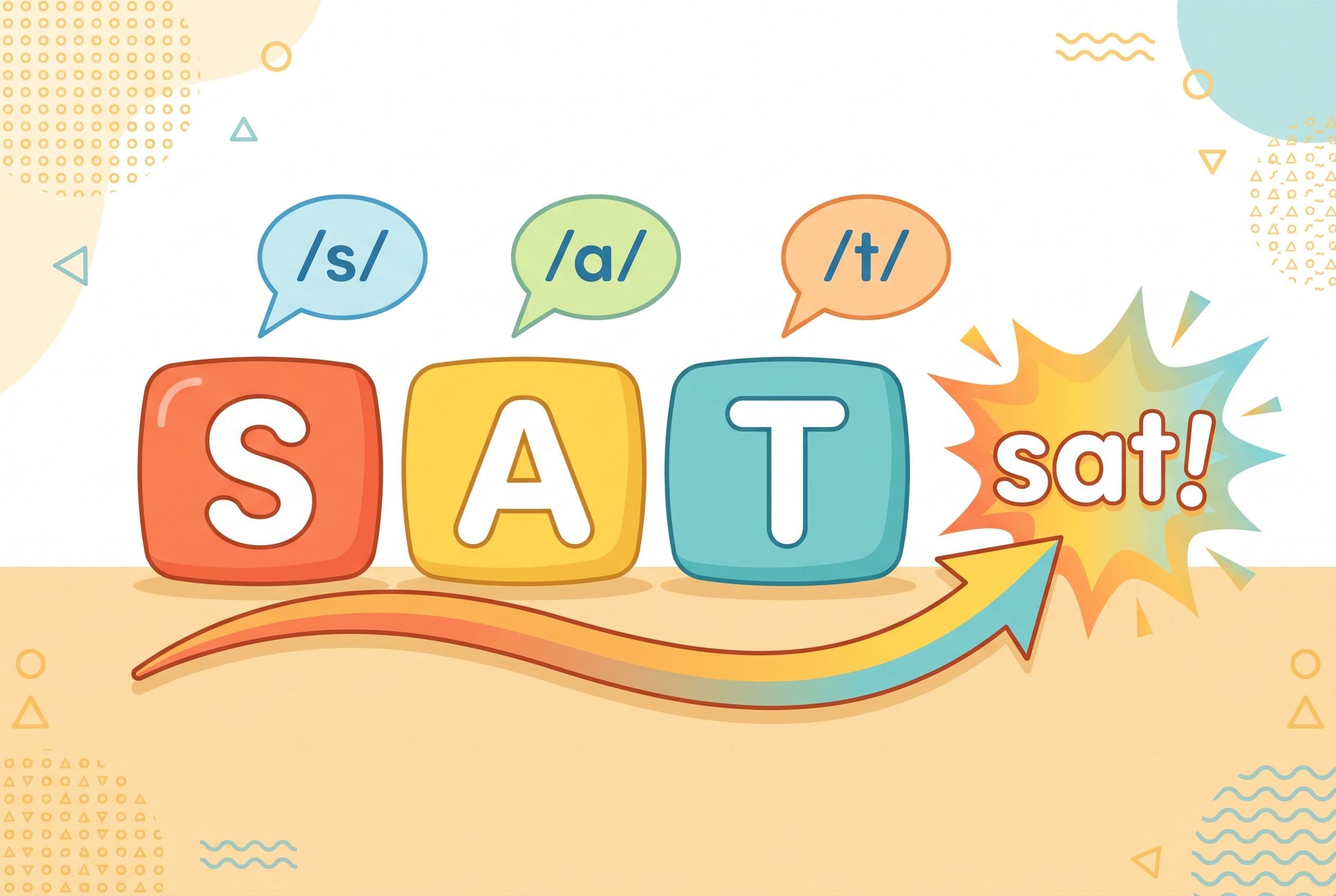 A friendly editorial illustration showing the concept of blending CVC words. Three large, rounded, colorful letter blocks spe