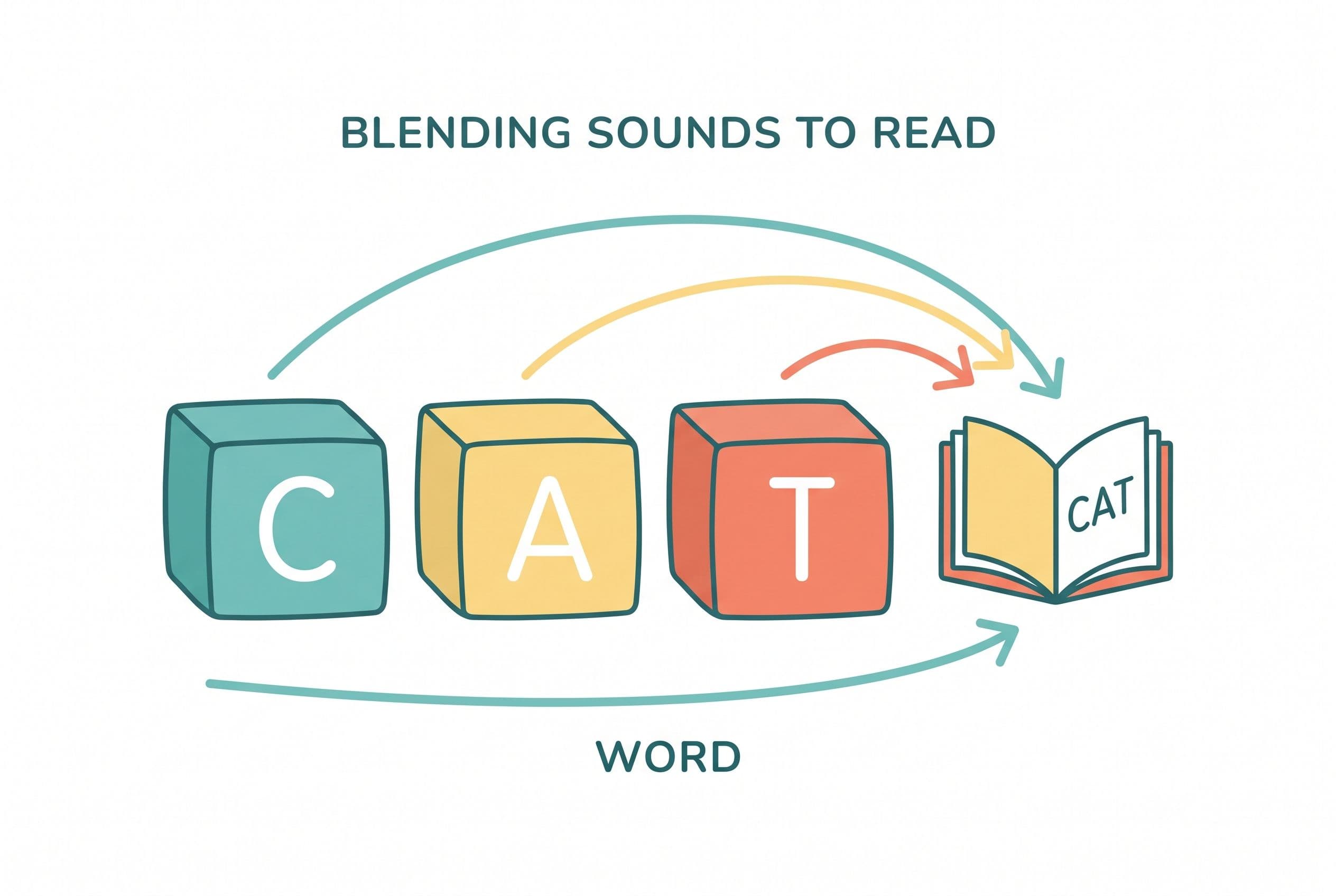 A clean editorial illustration showing blending sounds as three colourful blocks moving together to form one word. The blocks