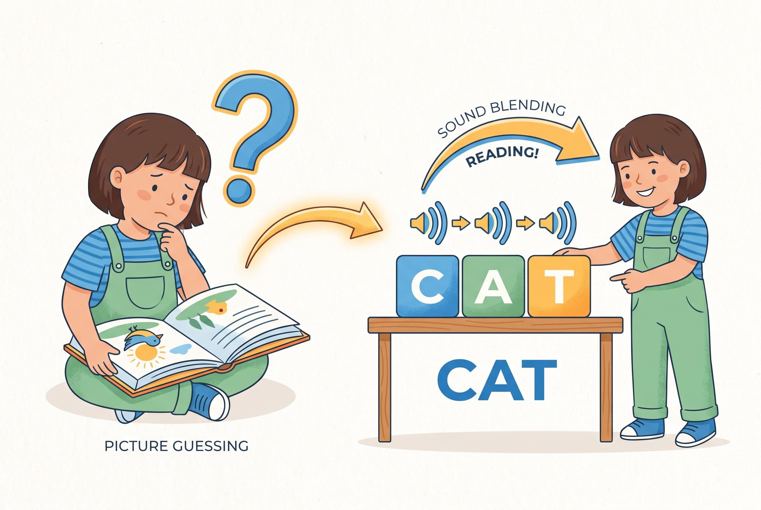 A clean editorial illustration showing a child moving from guessing to decoding. On the left, an illustrated child looks at a