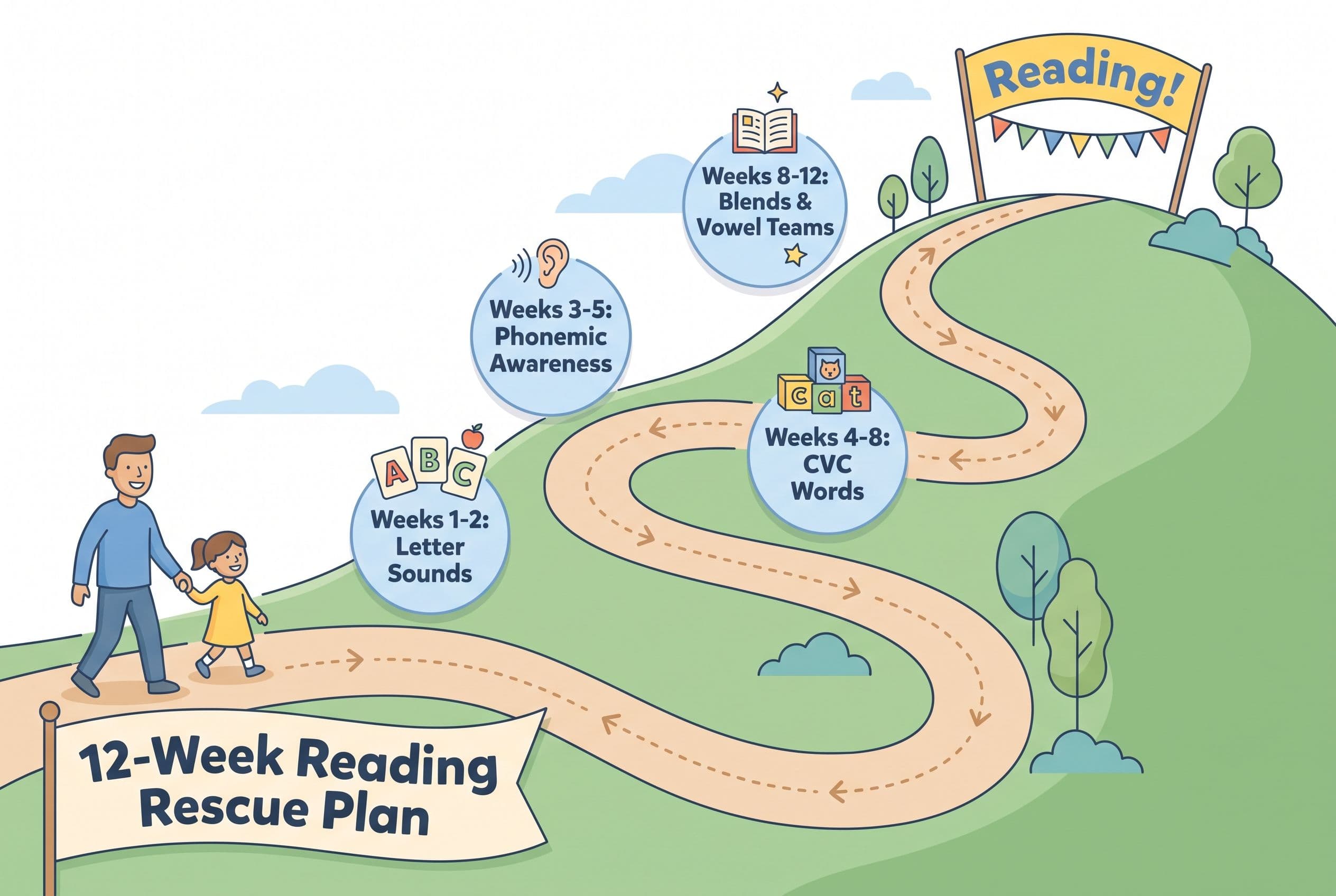 A clean, friendly editorial illustration showing a winding road-map style path labeled '12-Week Reading Rescue Plan.' The pat