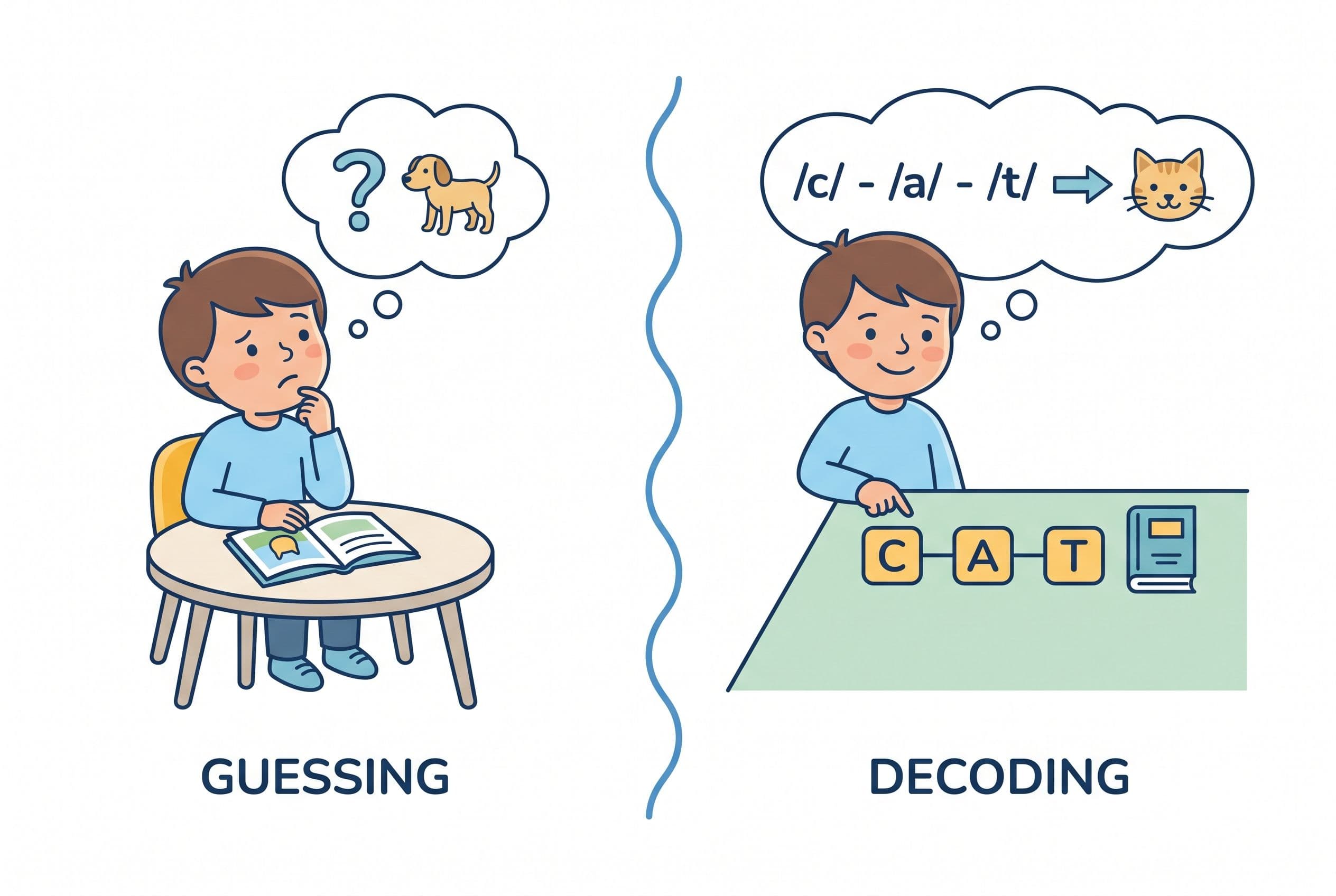 A clean editorial illustration showing a child moving from guessing to decoding. On the left, an illustrated child looks at a