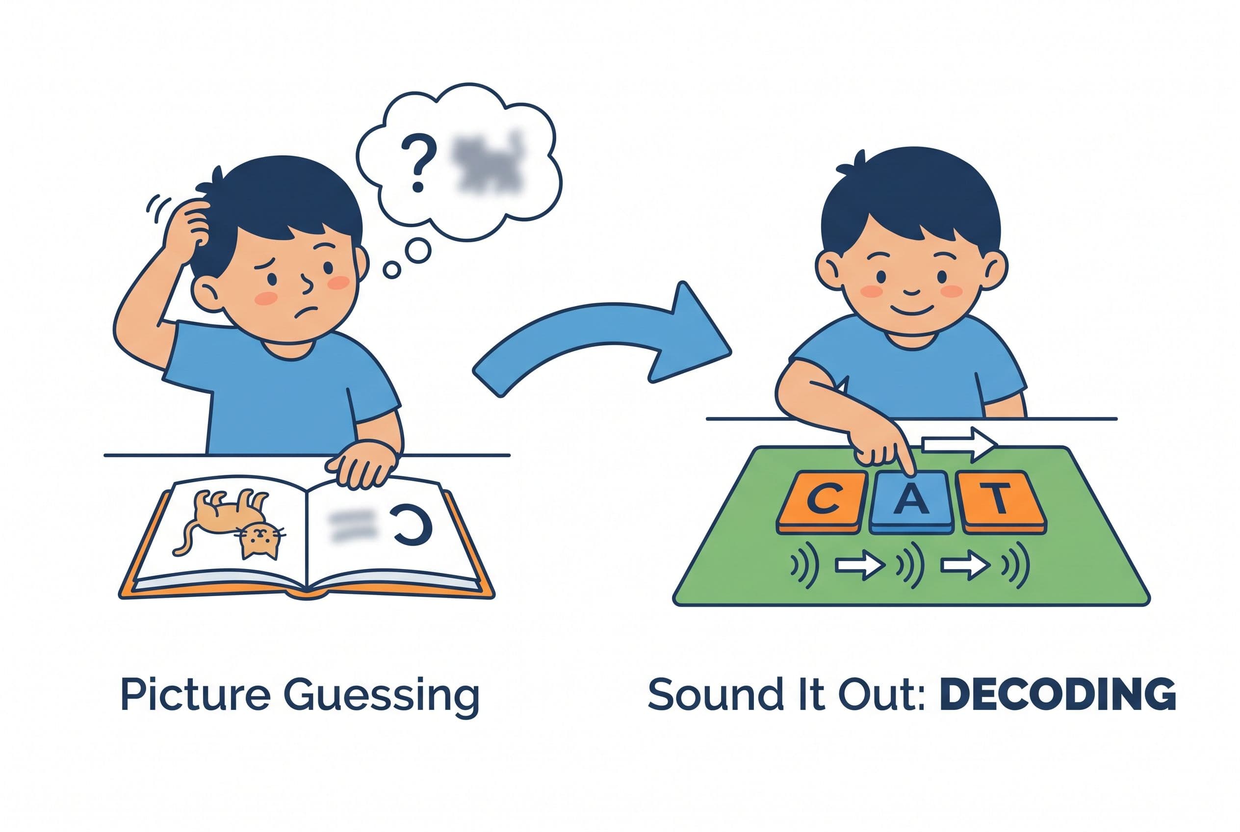 A clean editorial illustration showing a child moving from picture guessing to real decoding. On the left, an illustrated chi