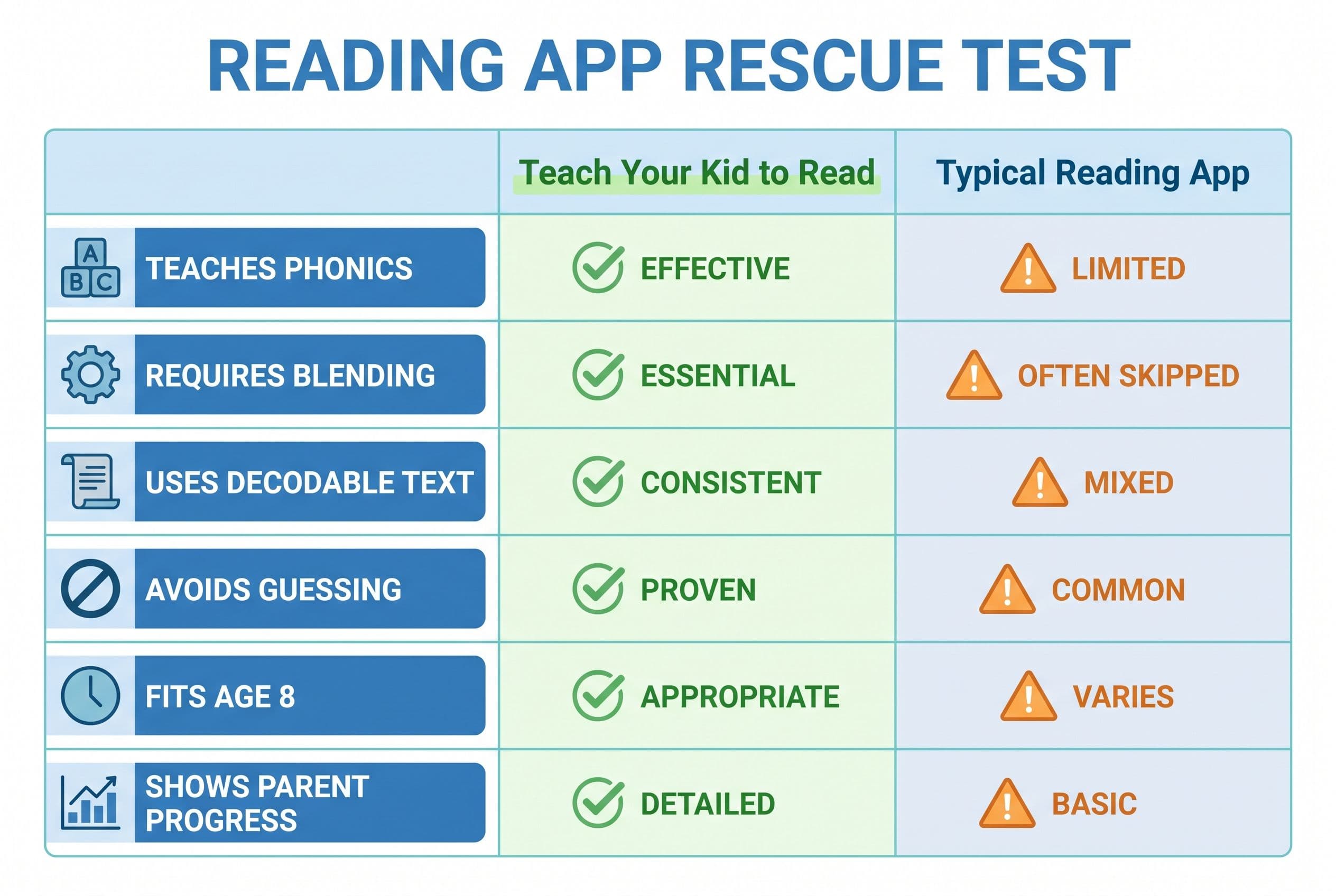 A clean comparison chart titled “Reading App Rescue Test” with six rows: teaches phonics, requires blending, uses decodable t