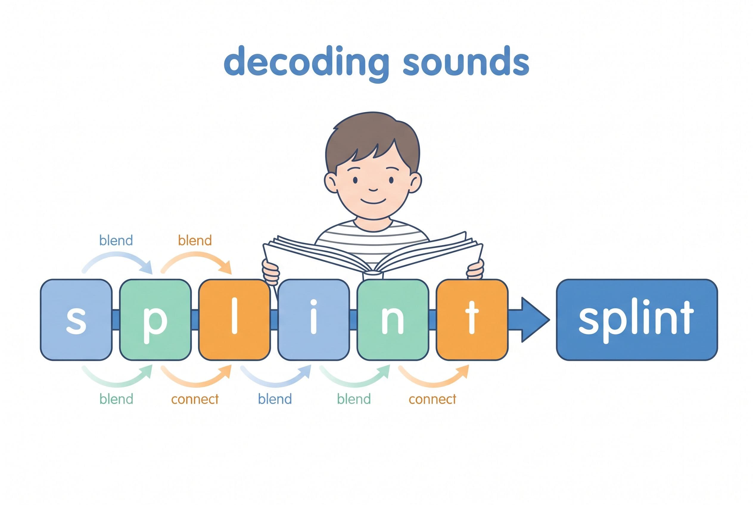 A clean editorial illustration showing a child decoding the word “splint” as six connected sound blocks moving left to right.