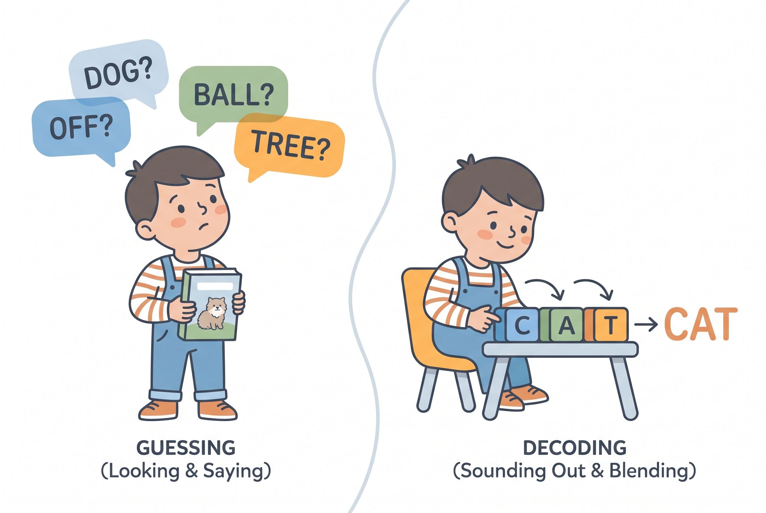 A clean editorial illustration showing the difference between guessing and decoding. On the left, an illustrated child looks