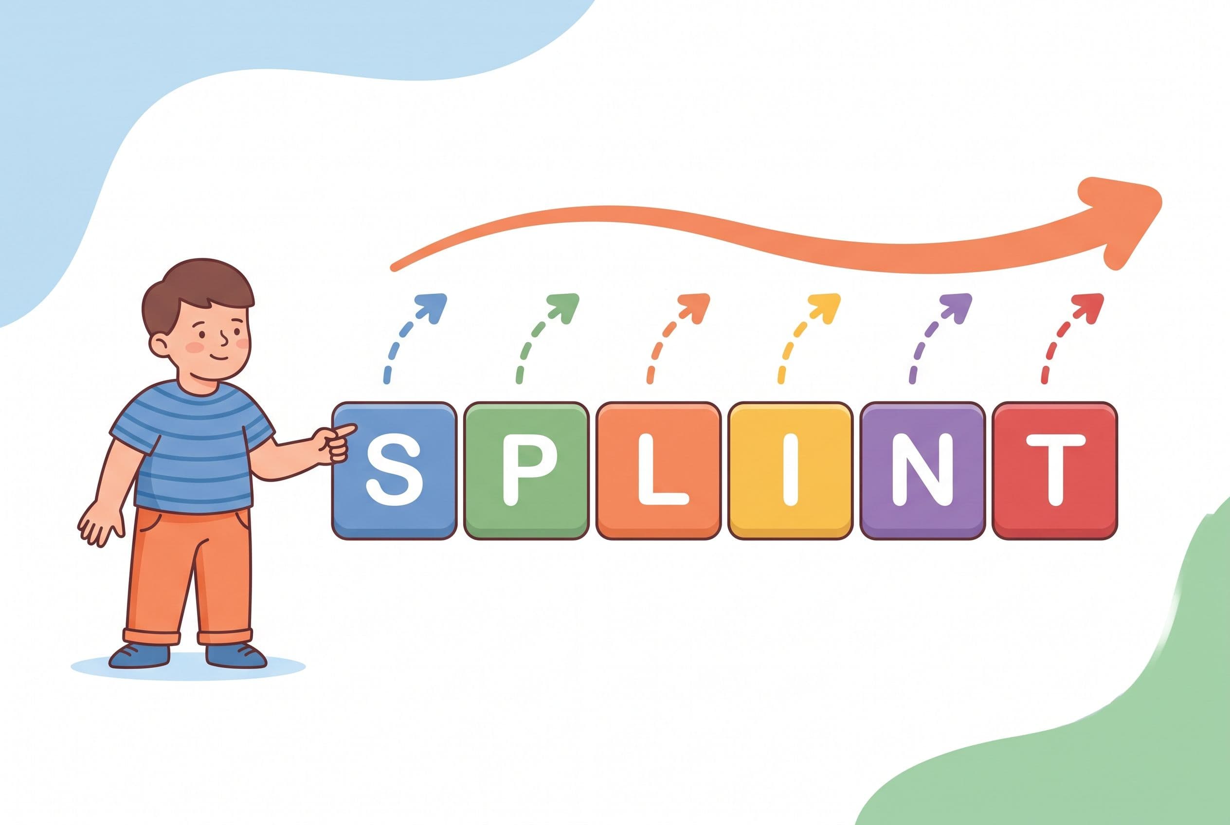 A friendly editorial illustration demonstrating decoding a consonant blend. The word 'splint' appears as six separate colorfu