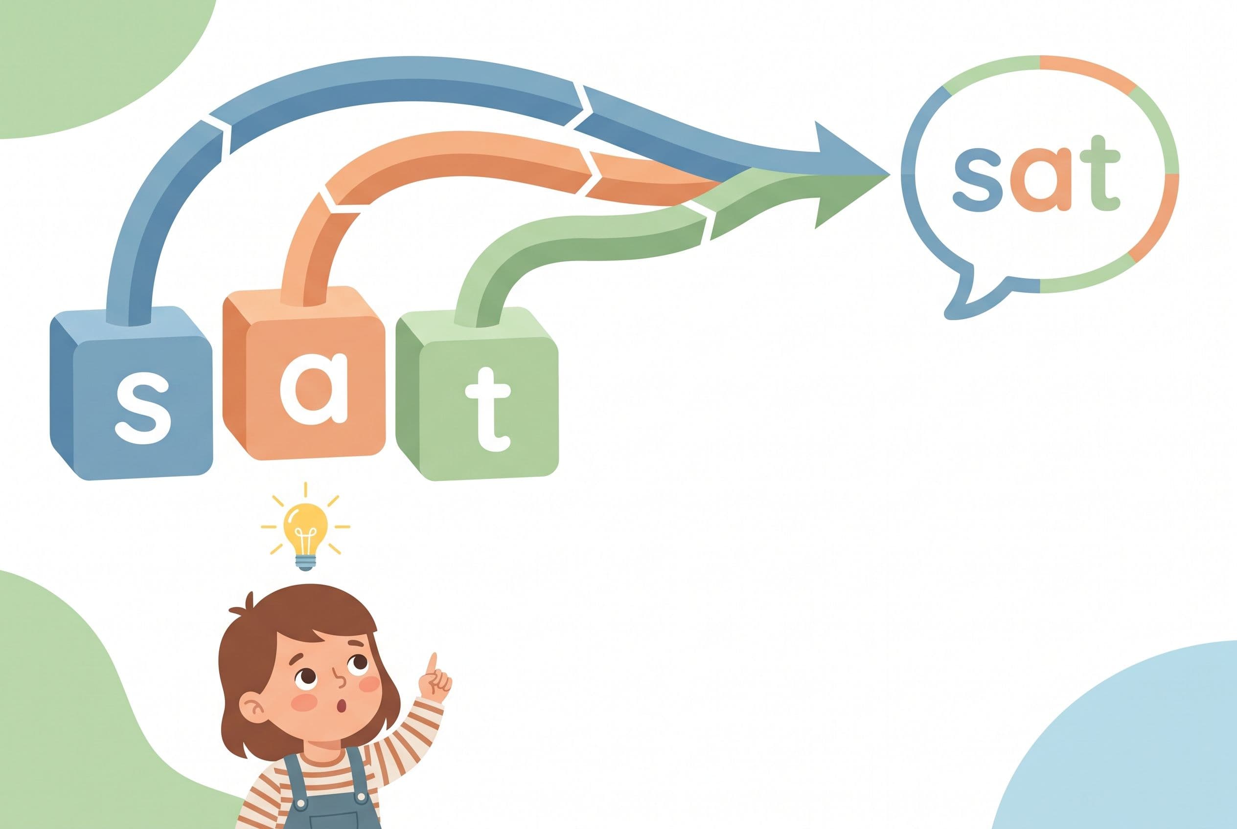 A friendly editorial illustration showing the concept of blending sounds into a word. Three large, colorful letter blocks lab