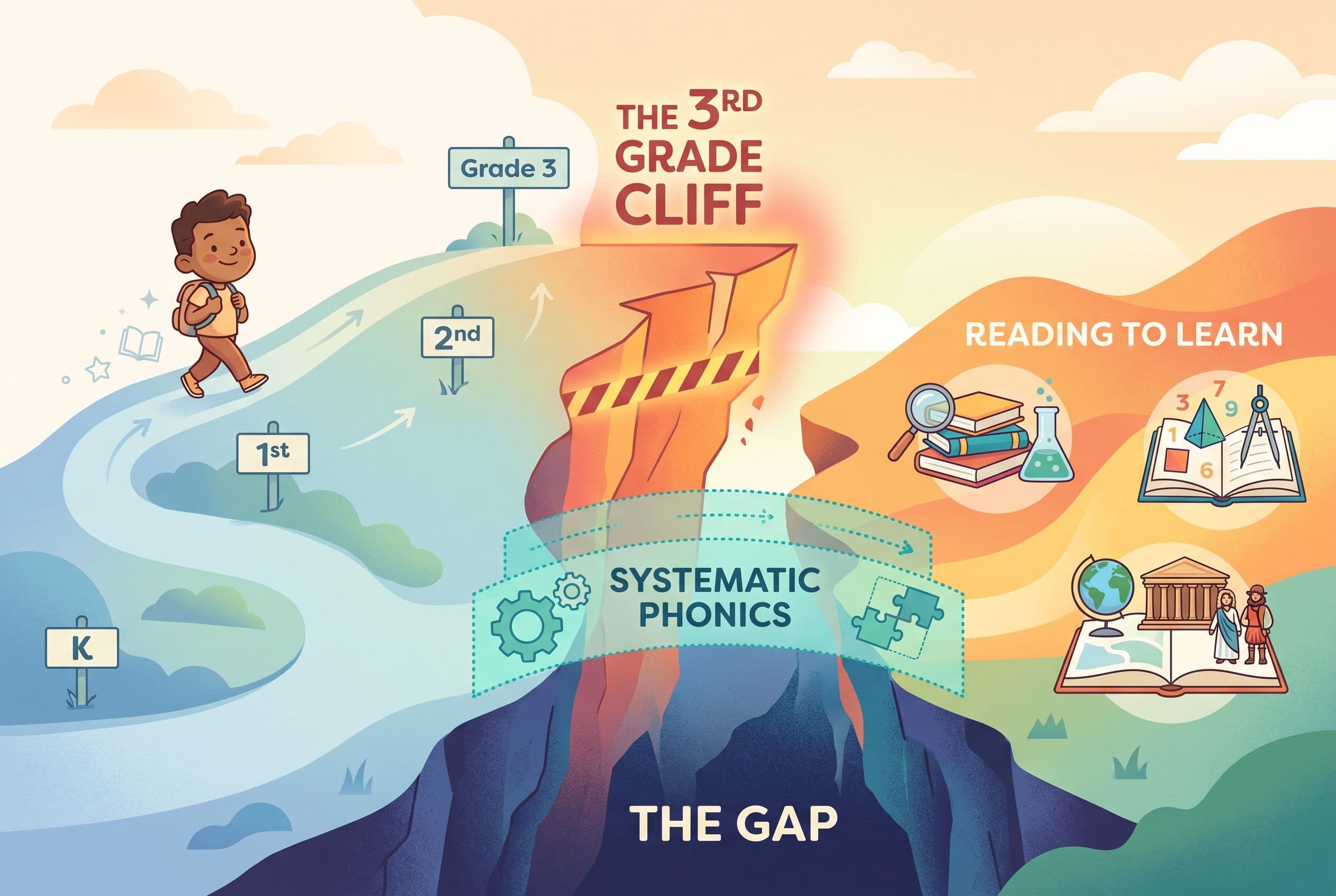 A friendly, clean editorial illustration showing the concept of 'The 3rd Grade Cliff.' A gently rising path represents grades