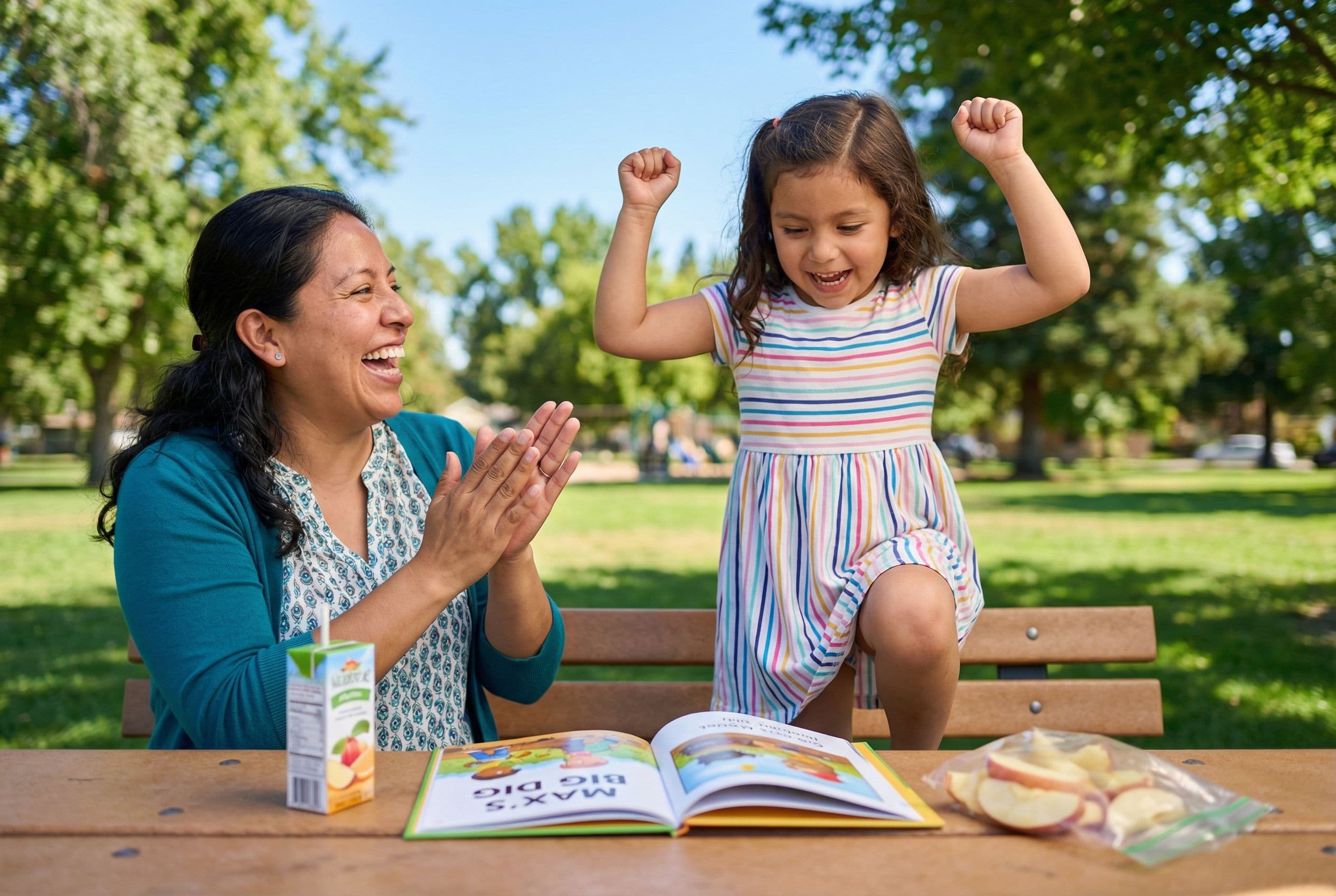 A Hispanic mother and her 6-year-old daughter at a park picnic table, the girl bouncing excitedly in her seat and raising bot