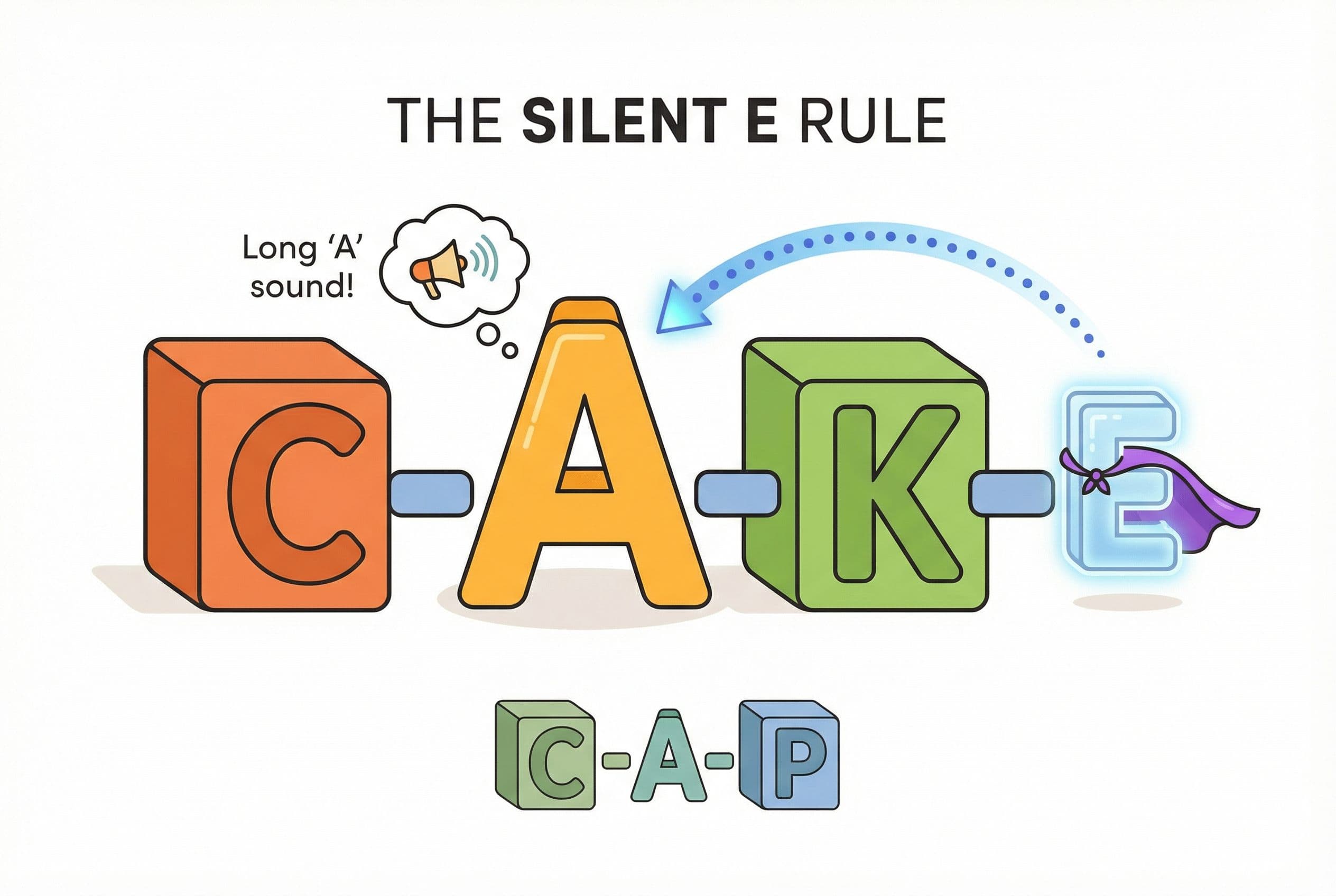 A friendly editorial illustration showing the concept of the Silent E rule (Magic E). Three large letter blocks spell C-A-K-E