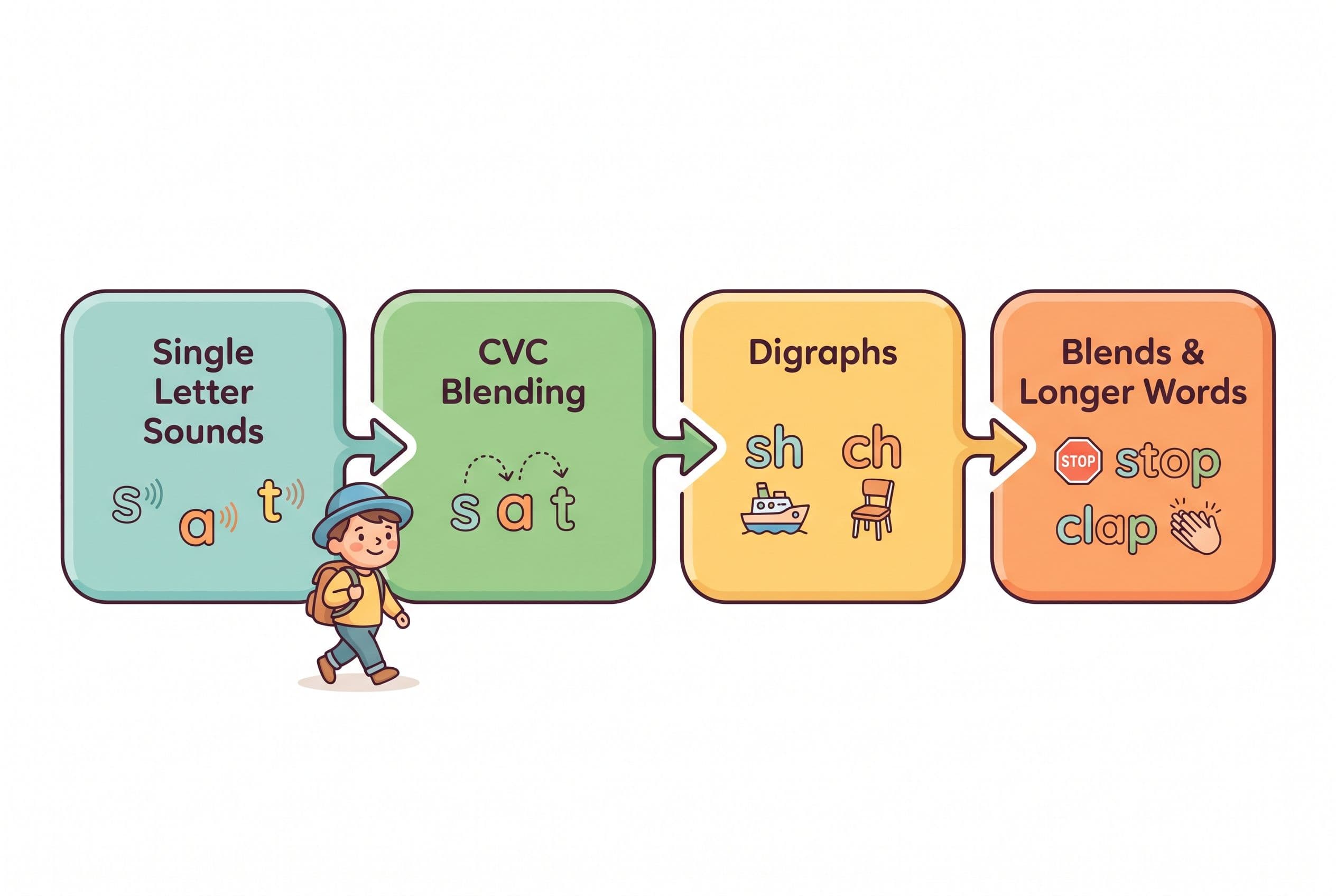 A friendly, clean editorial illustration showing a simplified 'phonics worksheet sequence roadmap' as a horizontal timeline w