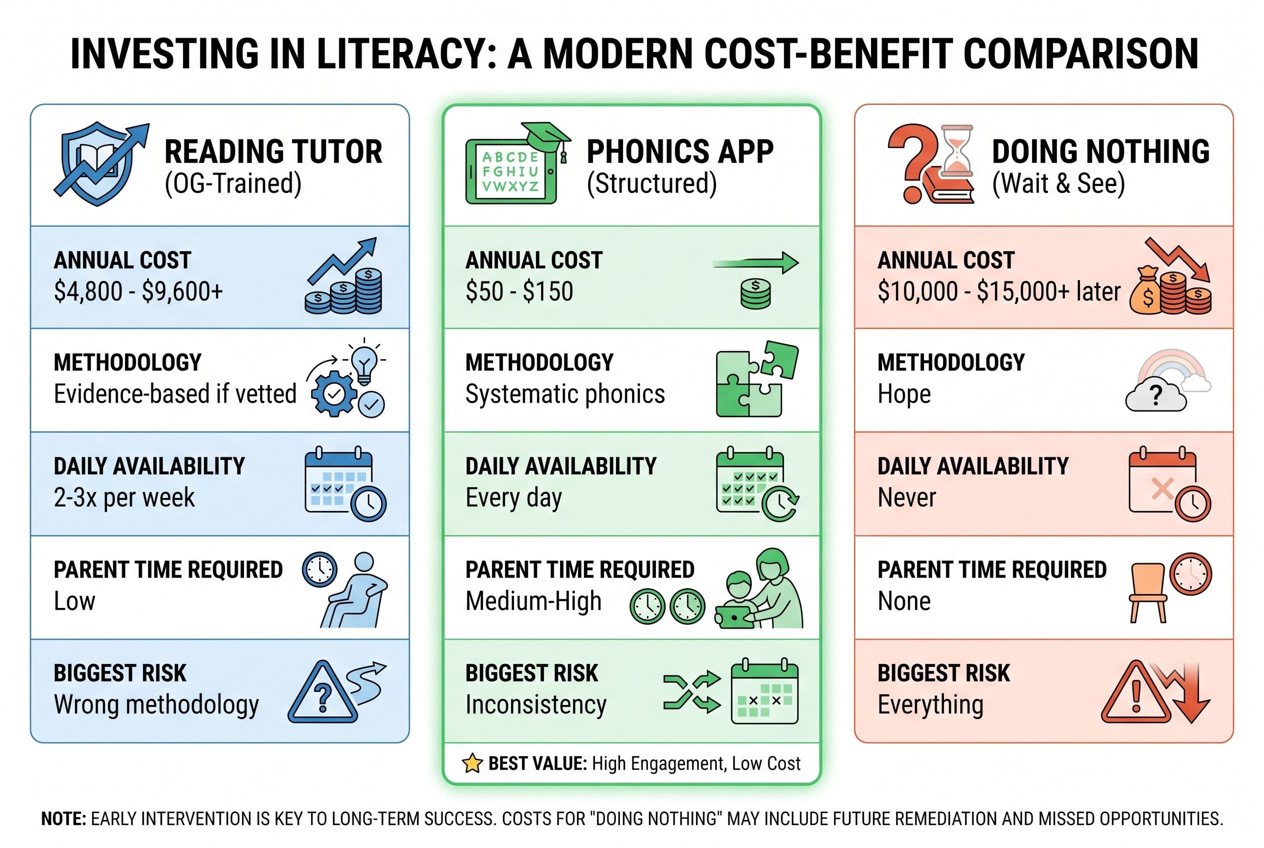 A clean, modern side-by-side cost comparison chart with three columns: 'Reading Tutor (OG-Trained)', 'Phonics App (Structured