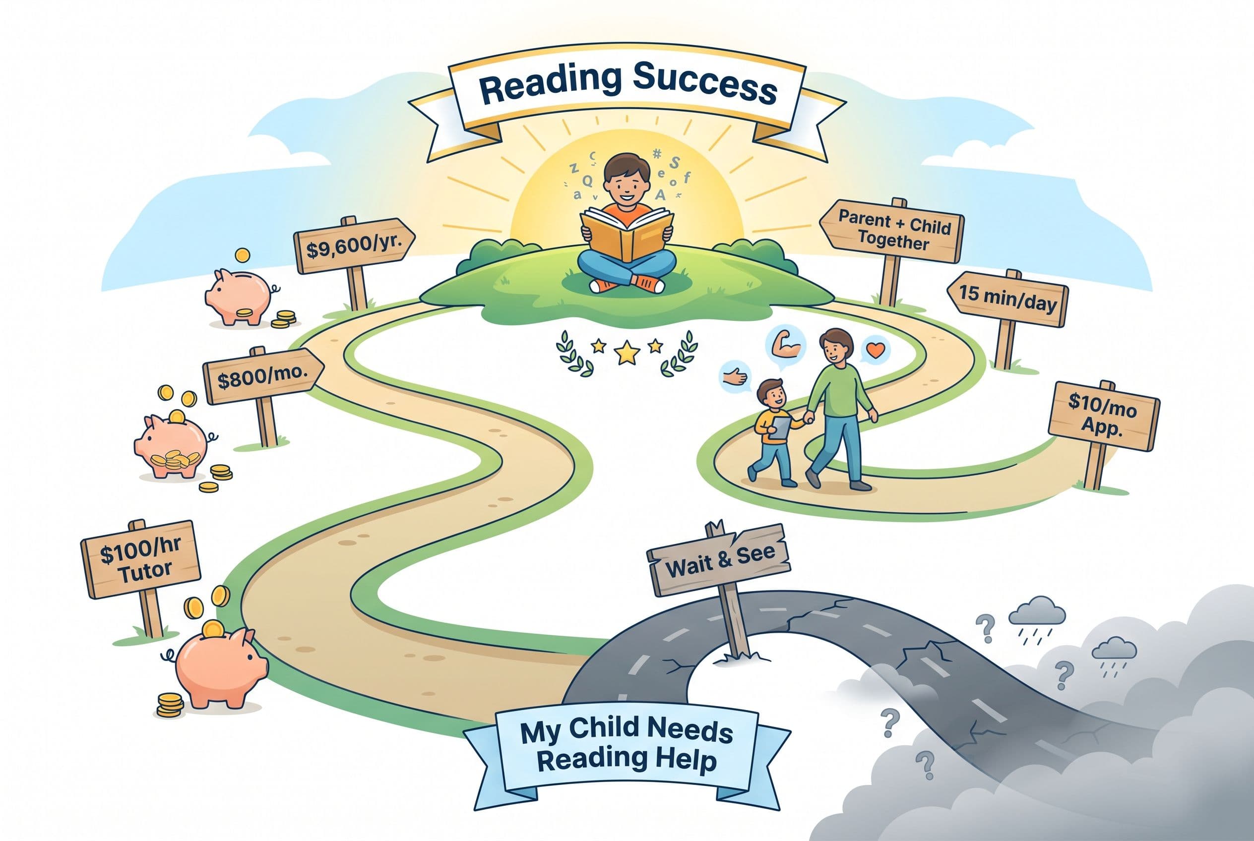 A clean editorial illustration showing two paths diverging from a starting point labeled 'My Child Needs Reading Help.' The l
