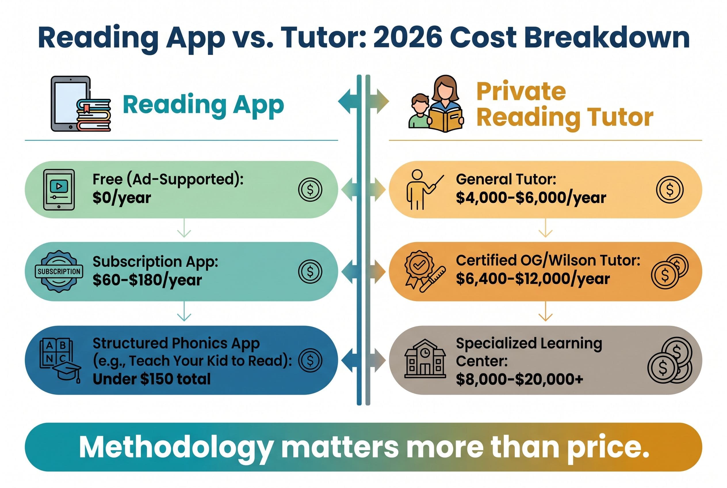 A clean, modern side-by-side cost comparison chart titled 'Reading App vs. Tutor: 2026 Cost Breakdown.' Left column labeled '
