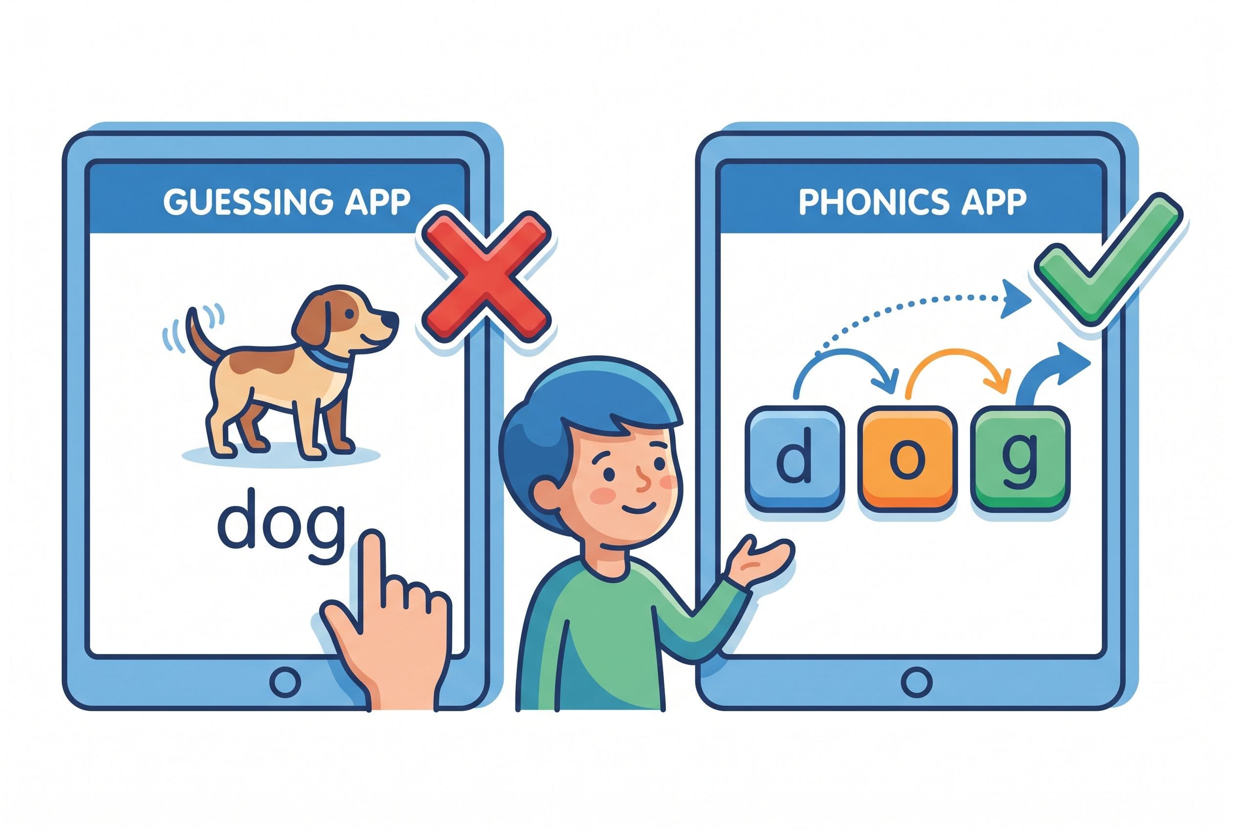 A friendly editorial illustration showing a side-by-side comparison of two tablet screens. The left screen is labeled 'Guessi