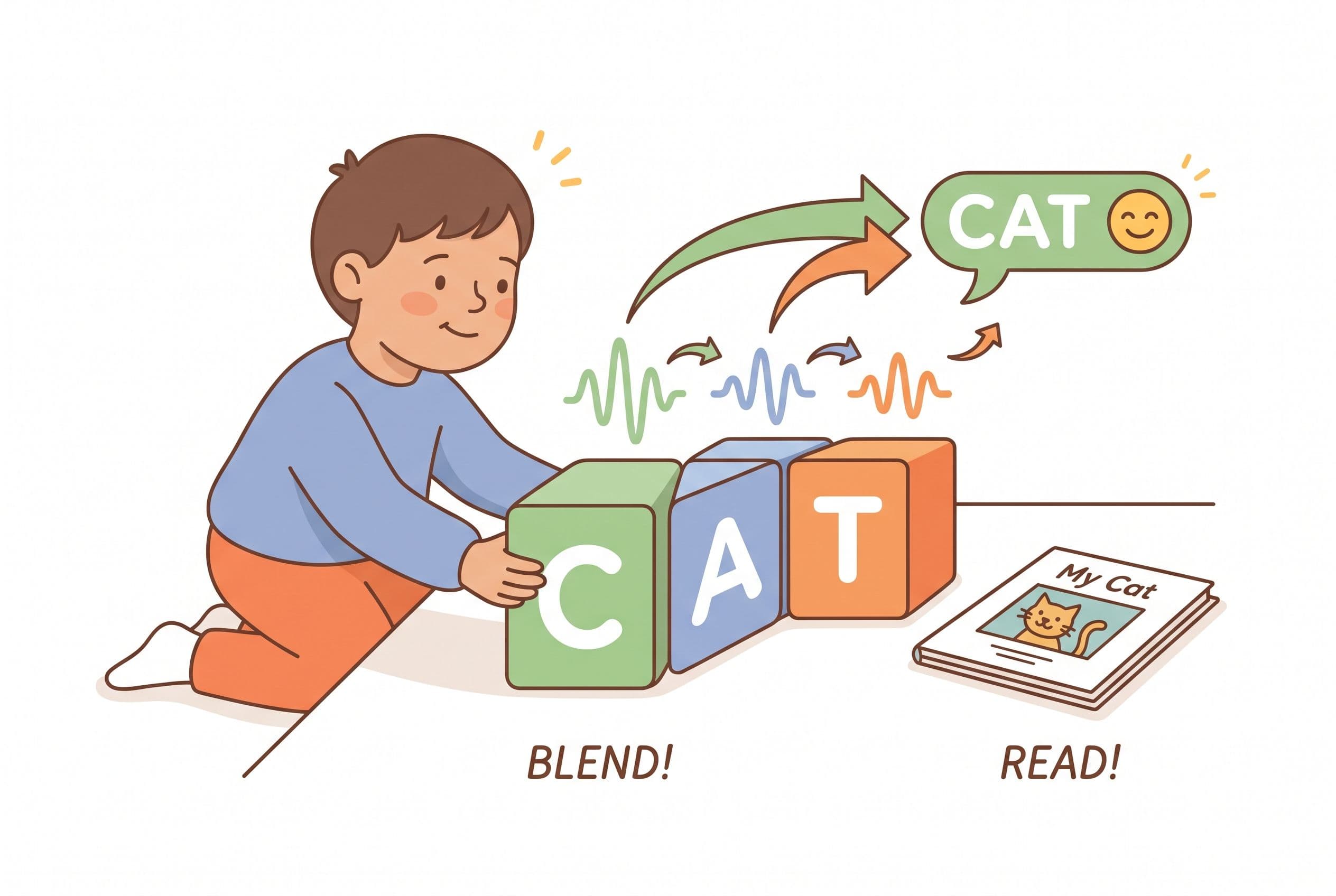 A clean editorial illustration showing a child blending a CVC word with three colorful letter blocks connected by arrows movi