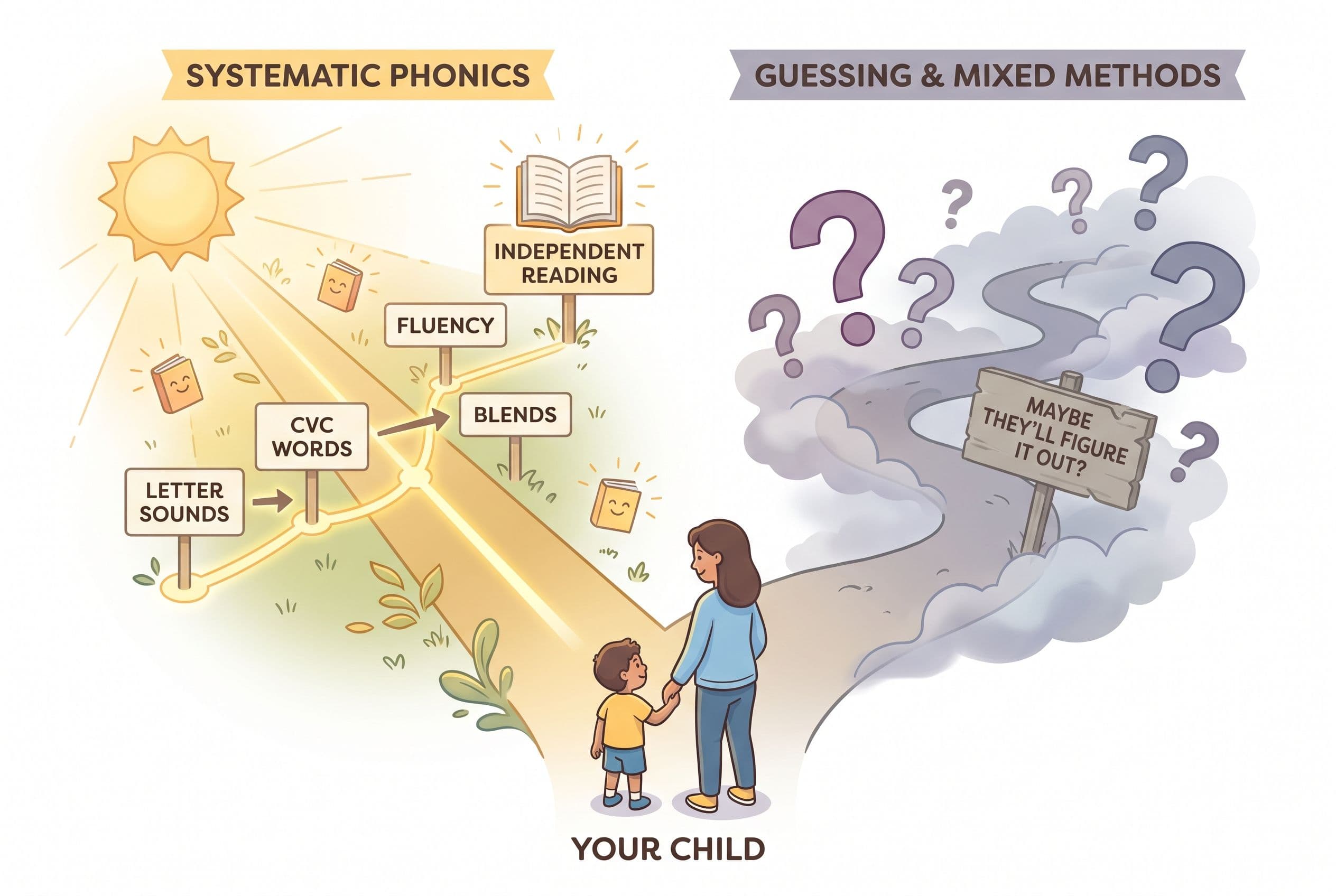 A clean editorial illustration showing two paths diverging from a starting point labeled 'Your Child.' The left path is label