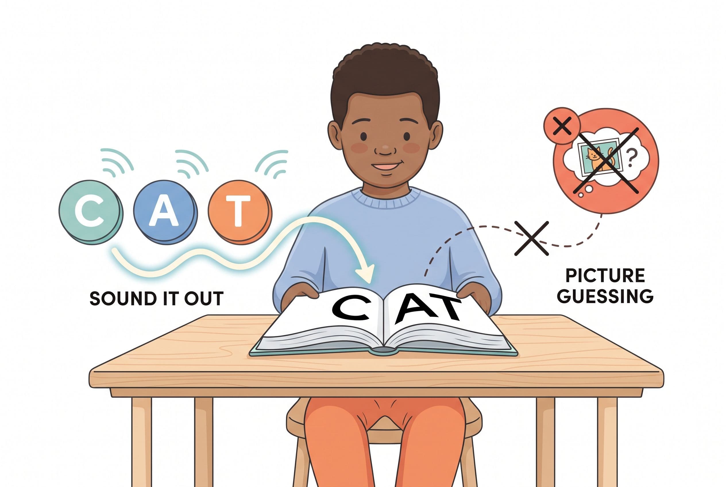A clean editorial illustration showing a child decoding a word by moving from letter sounds to blended word, represented by t